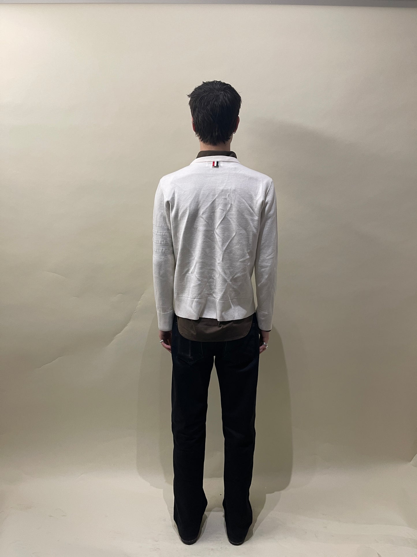 Thom Browne Cream Wool Linen Blend Crewneck 4 Bar Sweater Medium - M