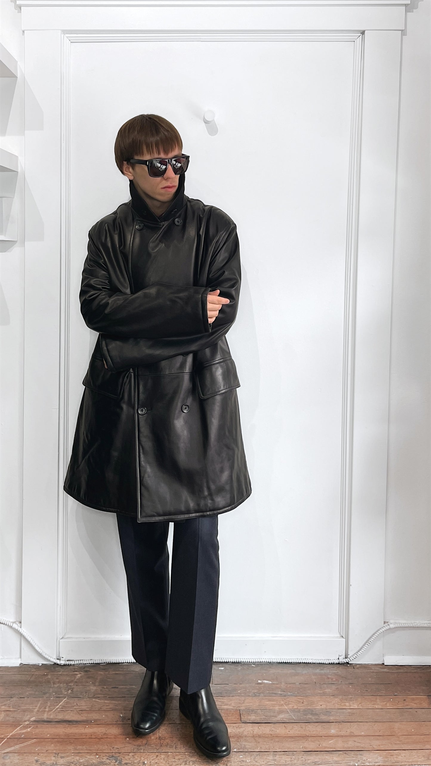 Armani Collezioni Black Lambskin Double Breasted Overcoat 46