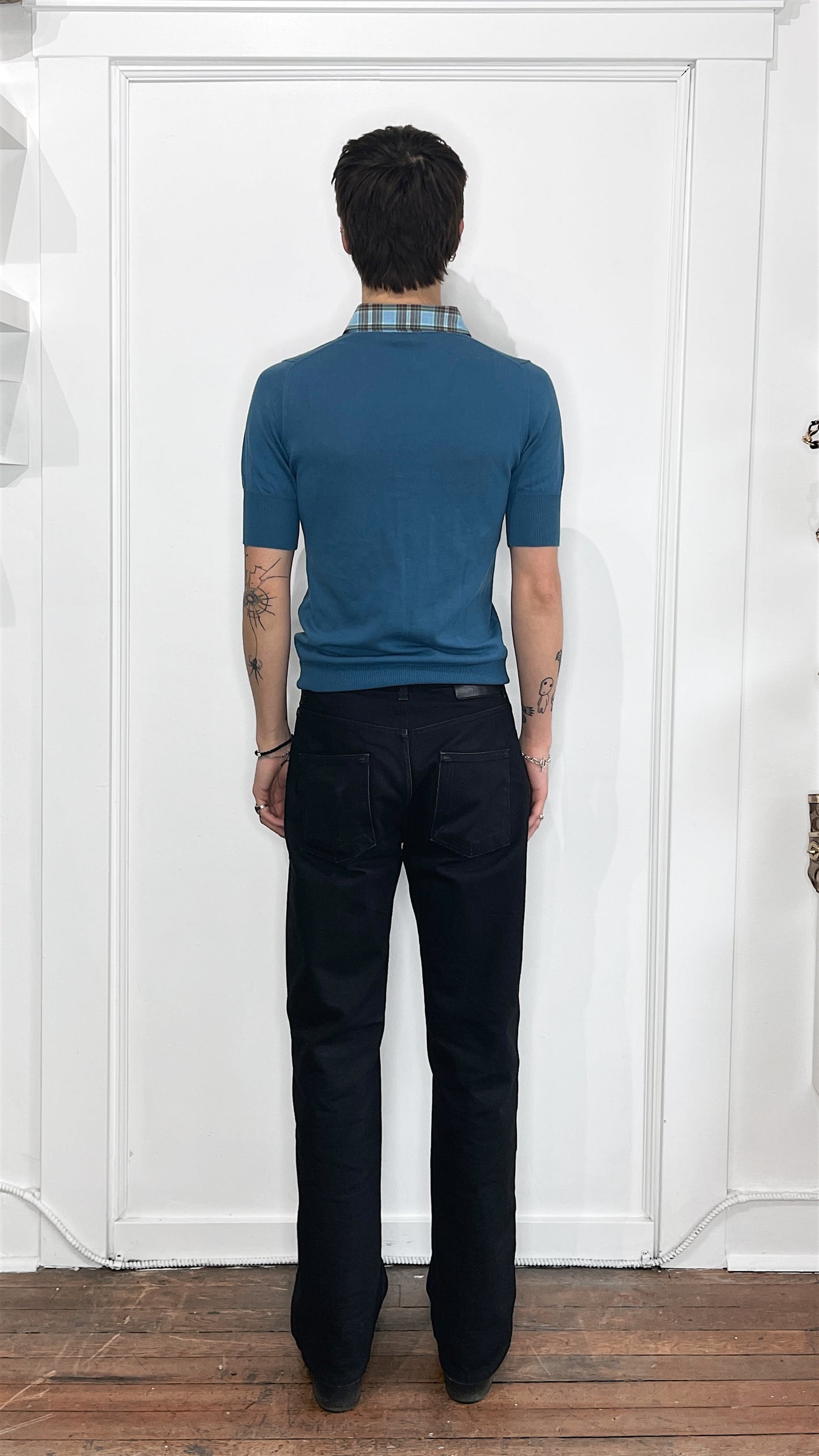 Vivienne Westwood Slate Blue & Brown Plaid Knit Cotton Polo Shirt Small
