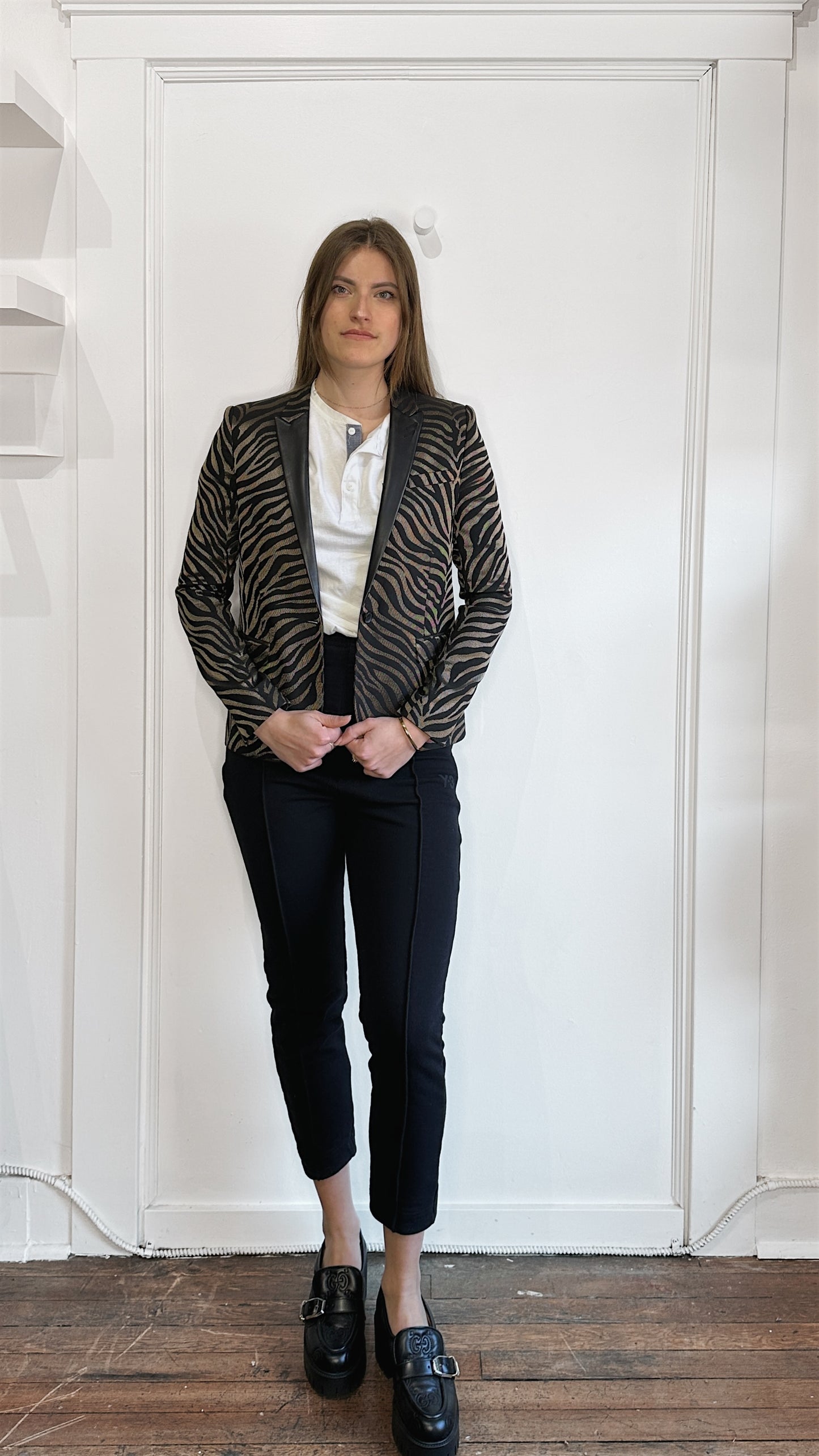 The Kooples Metallic Bronze Tiger Stripe Blazer with Leather Lapel 36