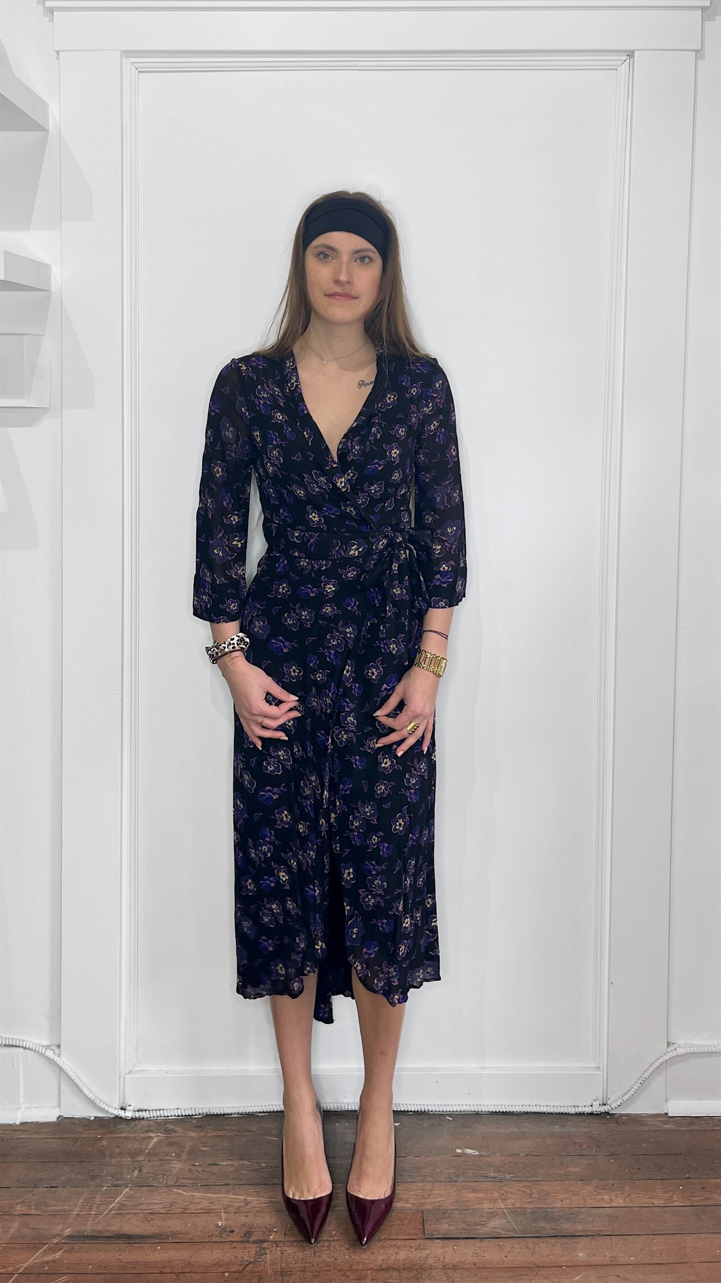 Ganni Black & Purple Floral Pattern Mesh Tie Front Dress 36