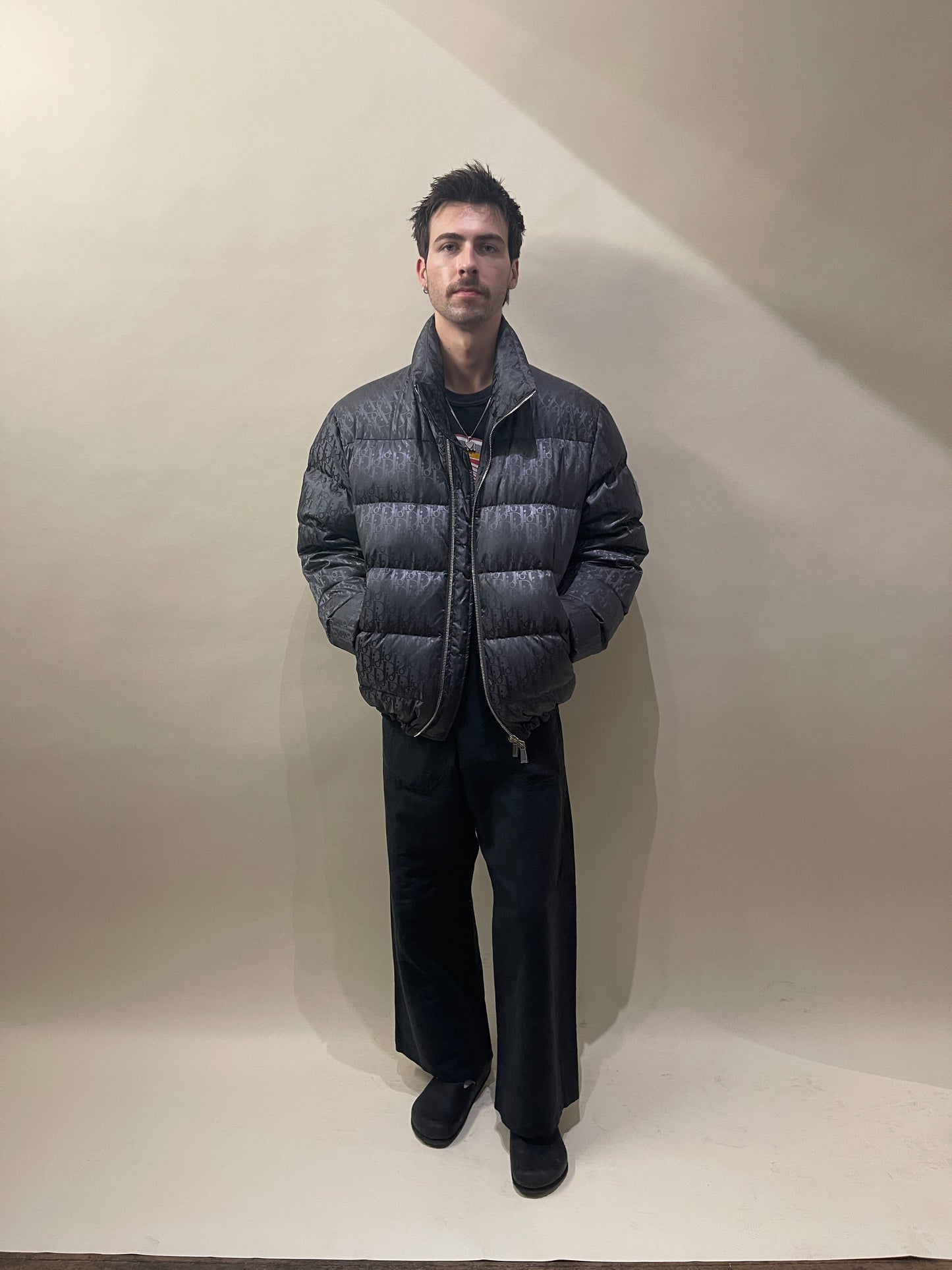 Christian Dior Steel Grey Tonal Diorissimo Pattern Oblique Puffer Jacket Extra Large - XL