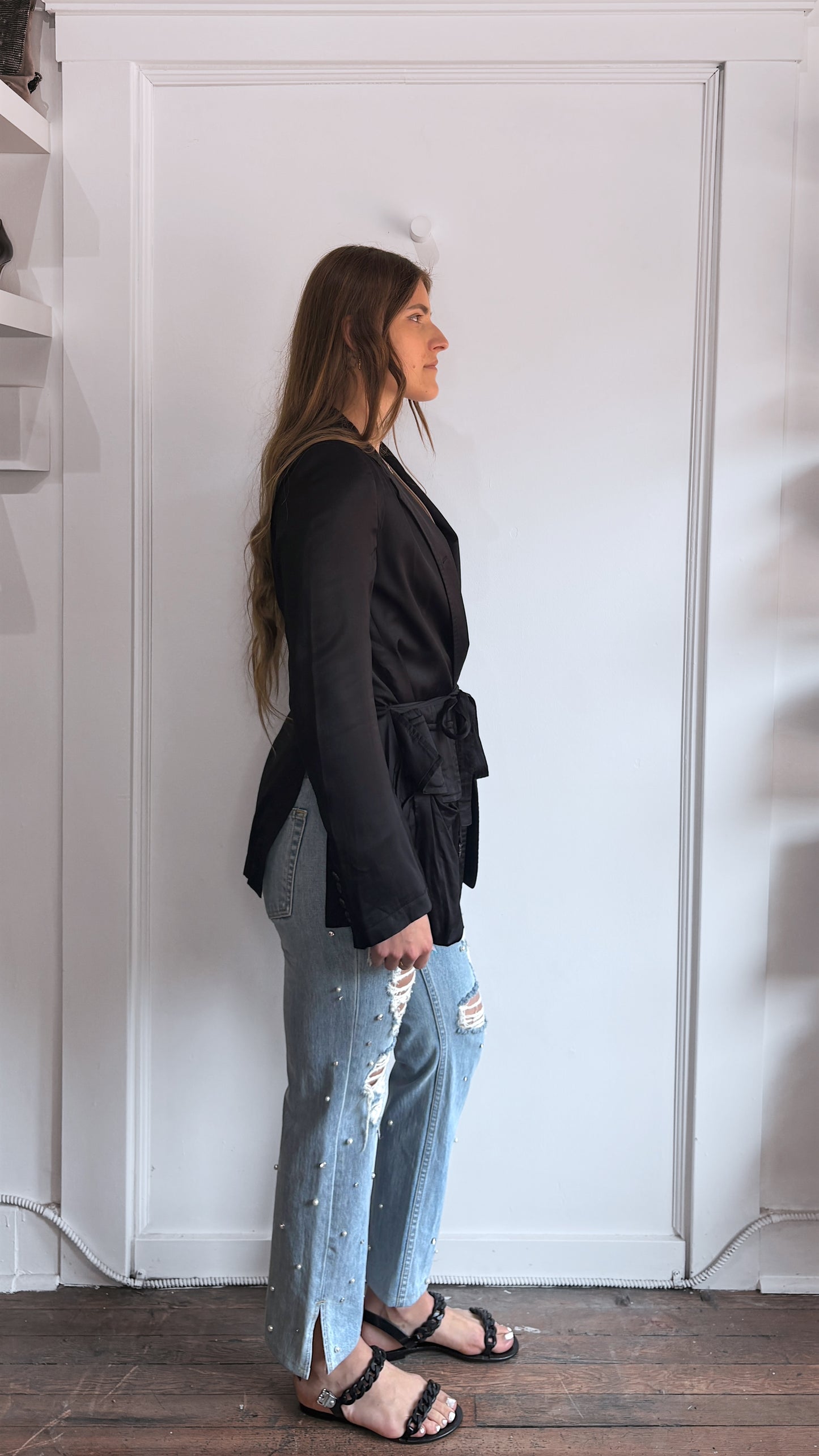 Ann Demeulemeester Black Rayon Belted Blazer 38