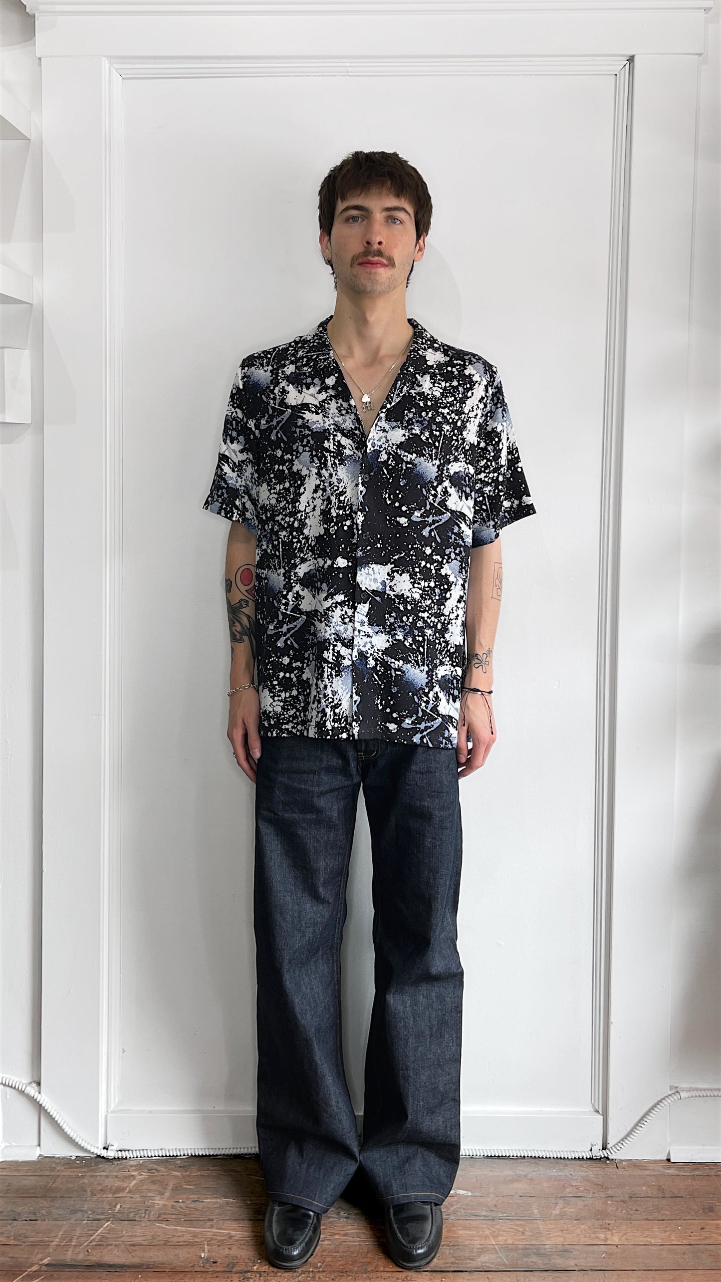 Ksubi Black, White, & Blue Paint Splatter Pattern Tencel Camp Shirt Large