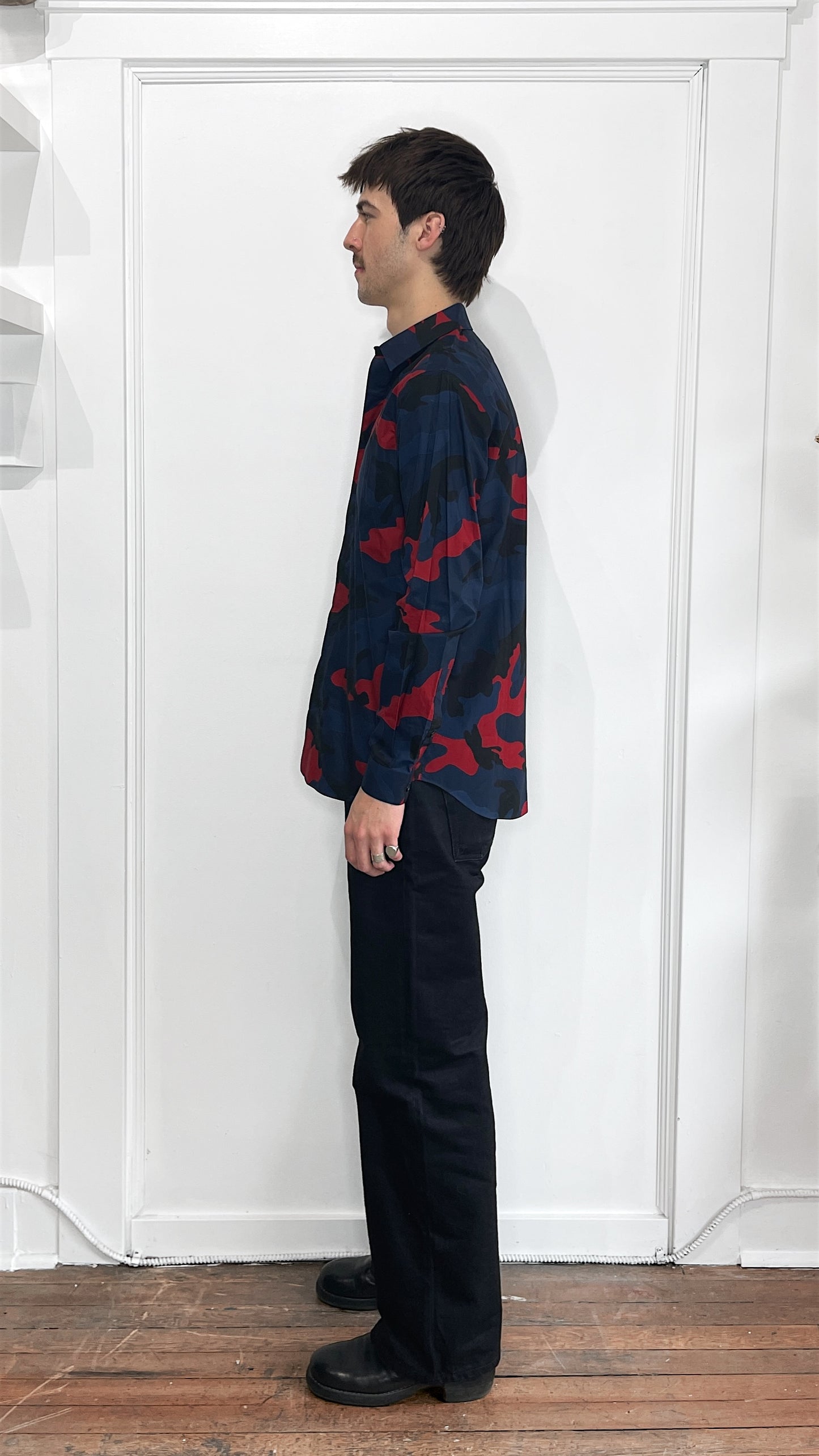 Valentino Navy & Red Camo Cotton LS Button Up Shirt 15.5