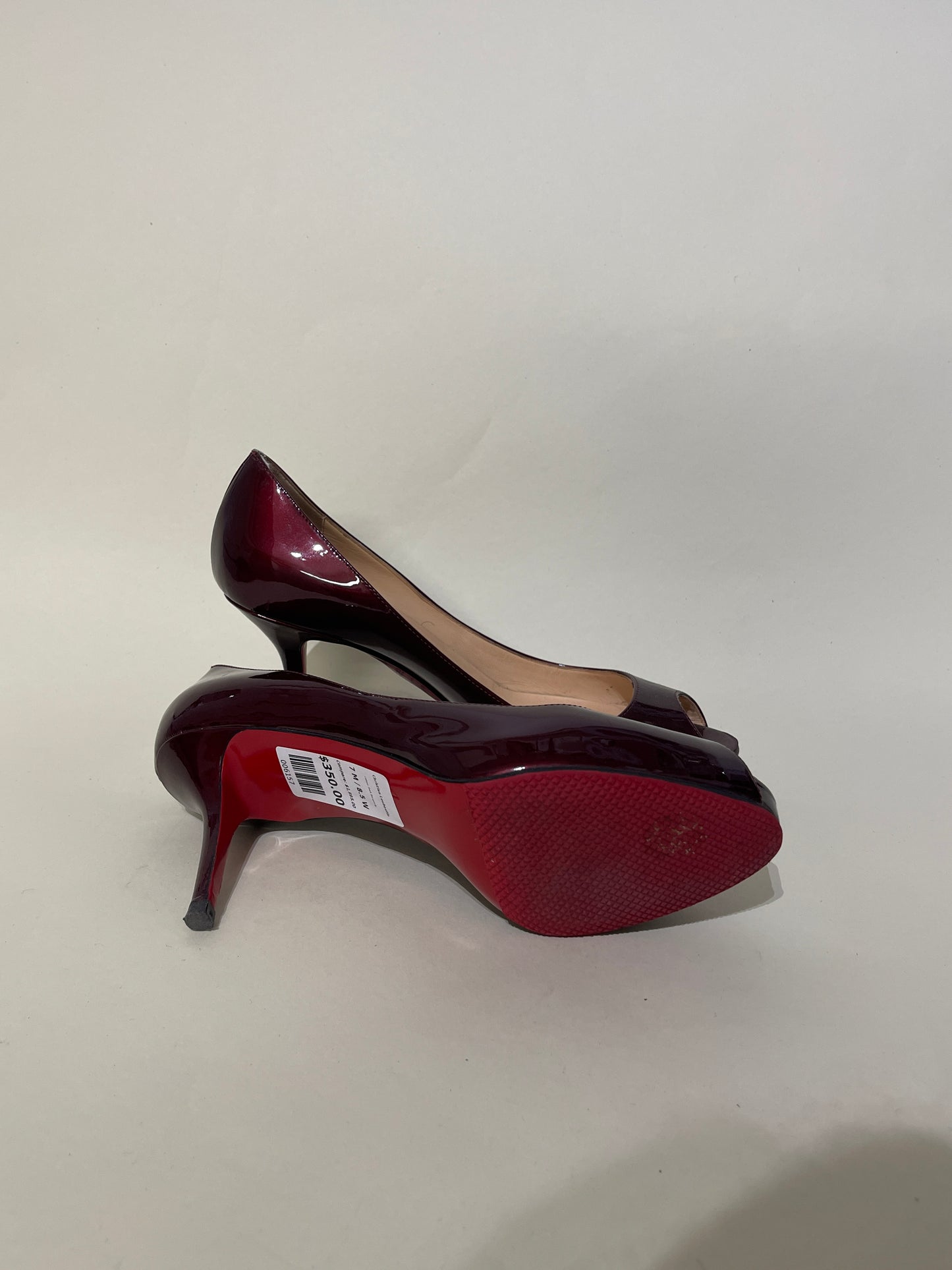 Christian Louboutin Dark Burgundy Patent Leather Prive Peep Toe Pumps 7 M / 8.5 W