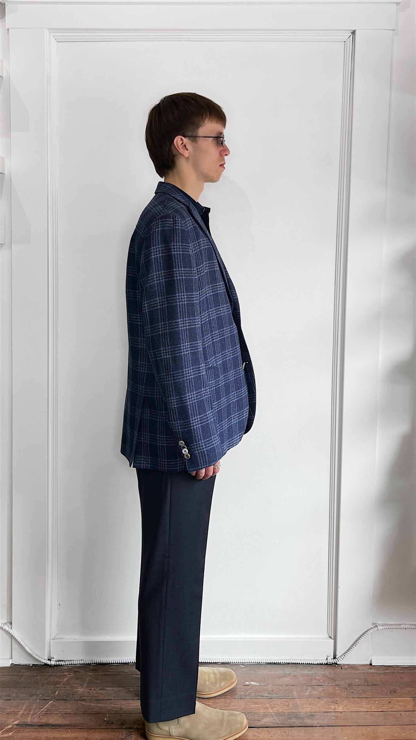 Sand Copenhagen Navy & Light Blue Glen Check Wool Linen Sport Coat 44