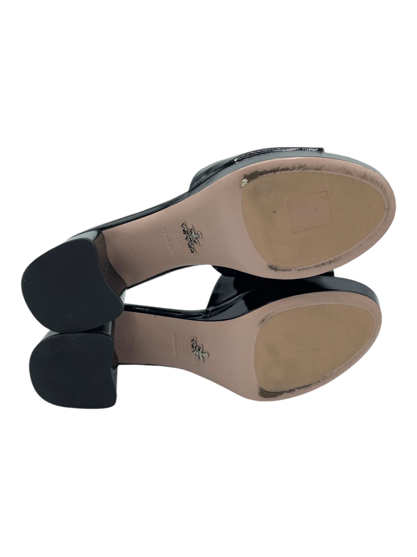 Prada Black Patent Saffiano Platform Logo Heels 7.5 M / 9 W