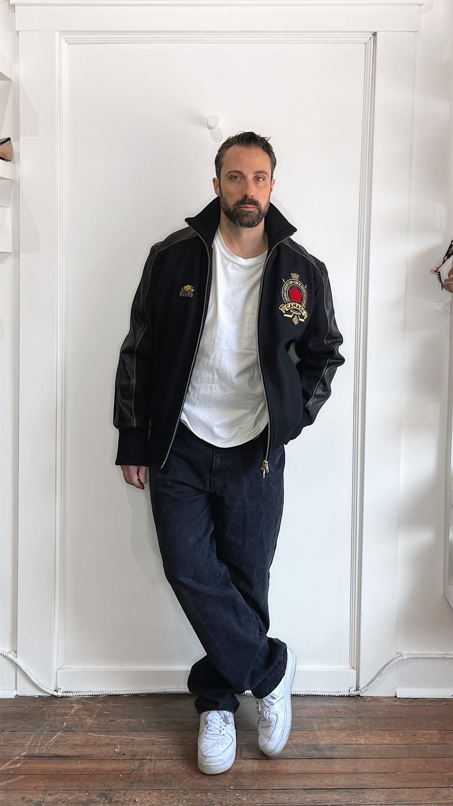 Roots Black & Gold Wool & Leather Canada Hockey Bomber Jacket Extra Large