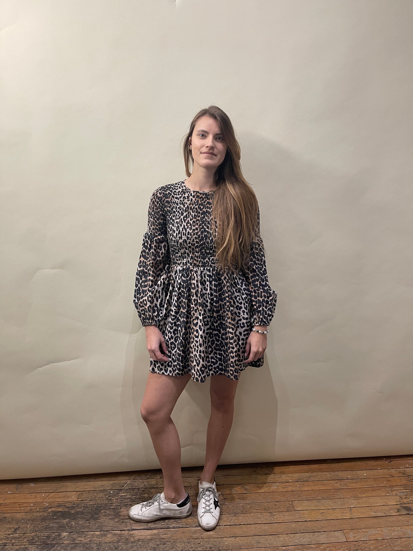 Ganni Leopard Print Cotton Silk Long Sleeve Midi Dress 34