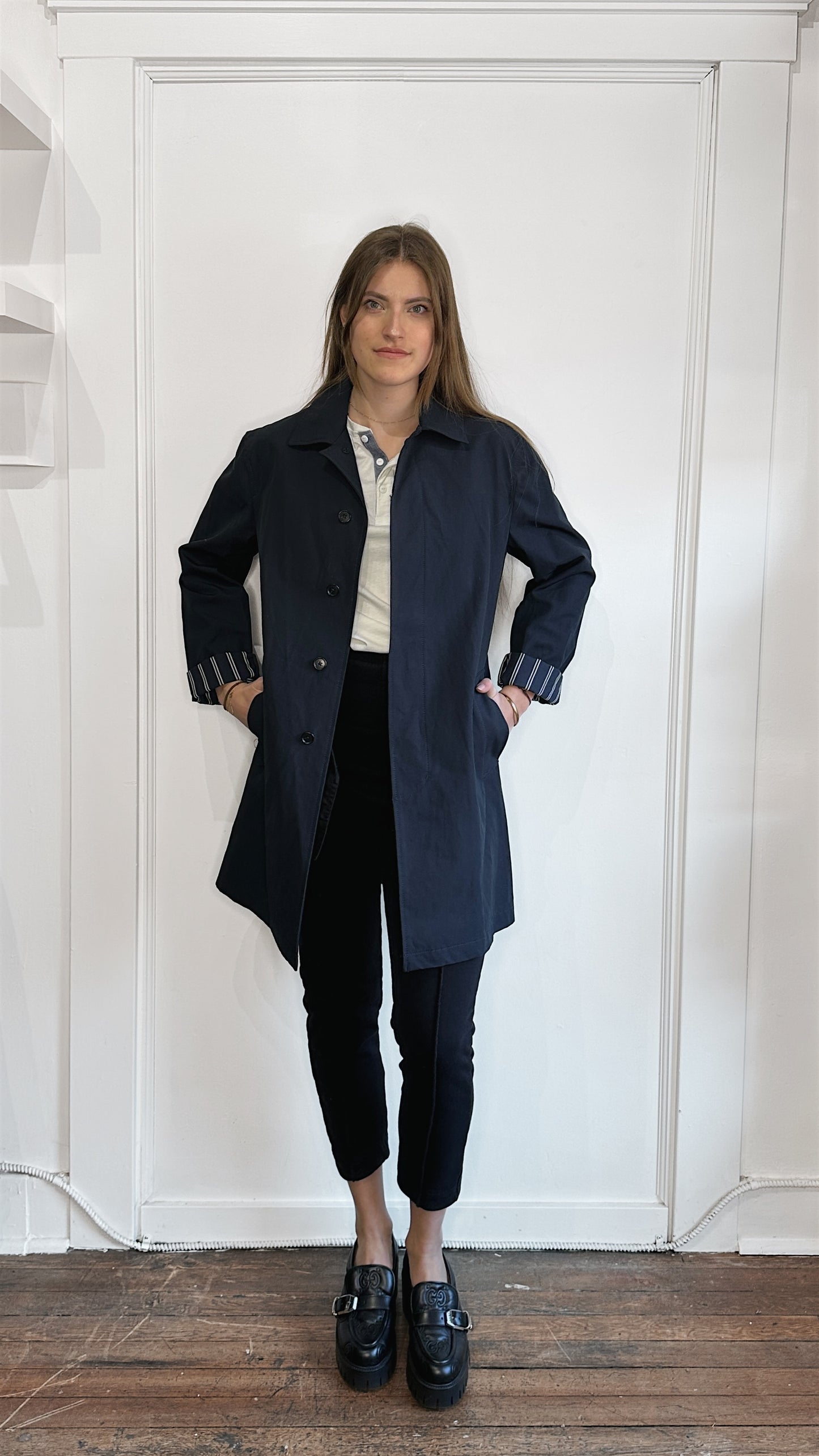 Club Monaco Navy Blue Cotton Blend Mid Length Overcoat Extra Small