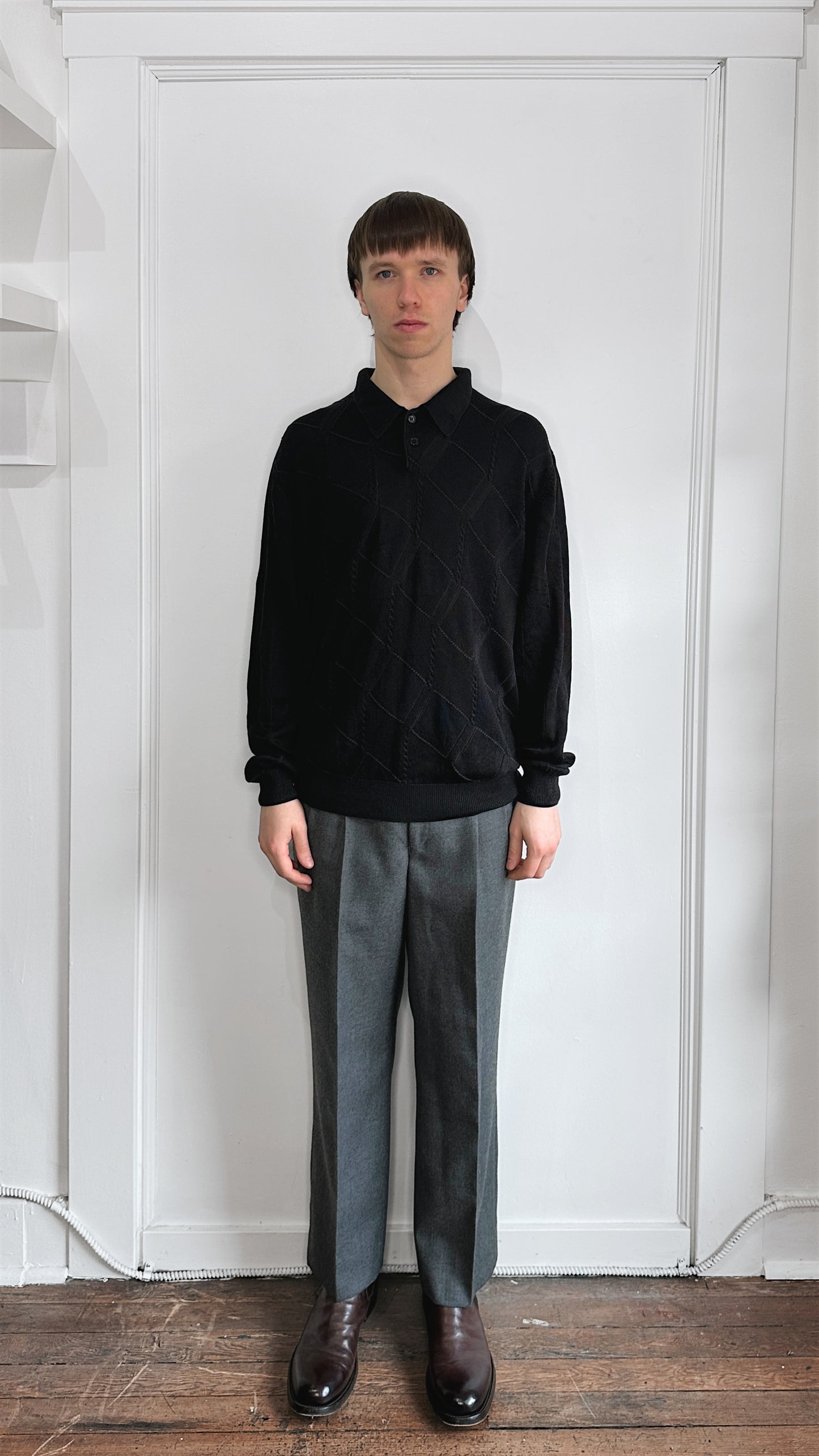 Tulliano Black Tonal Argyle Pattern Knit Polo Sweater Extra Large