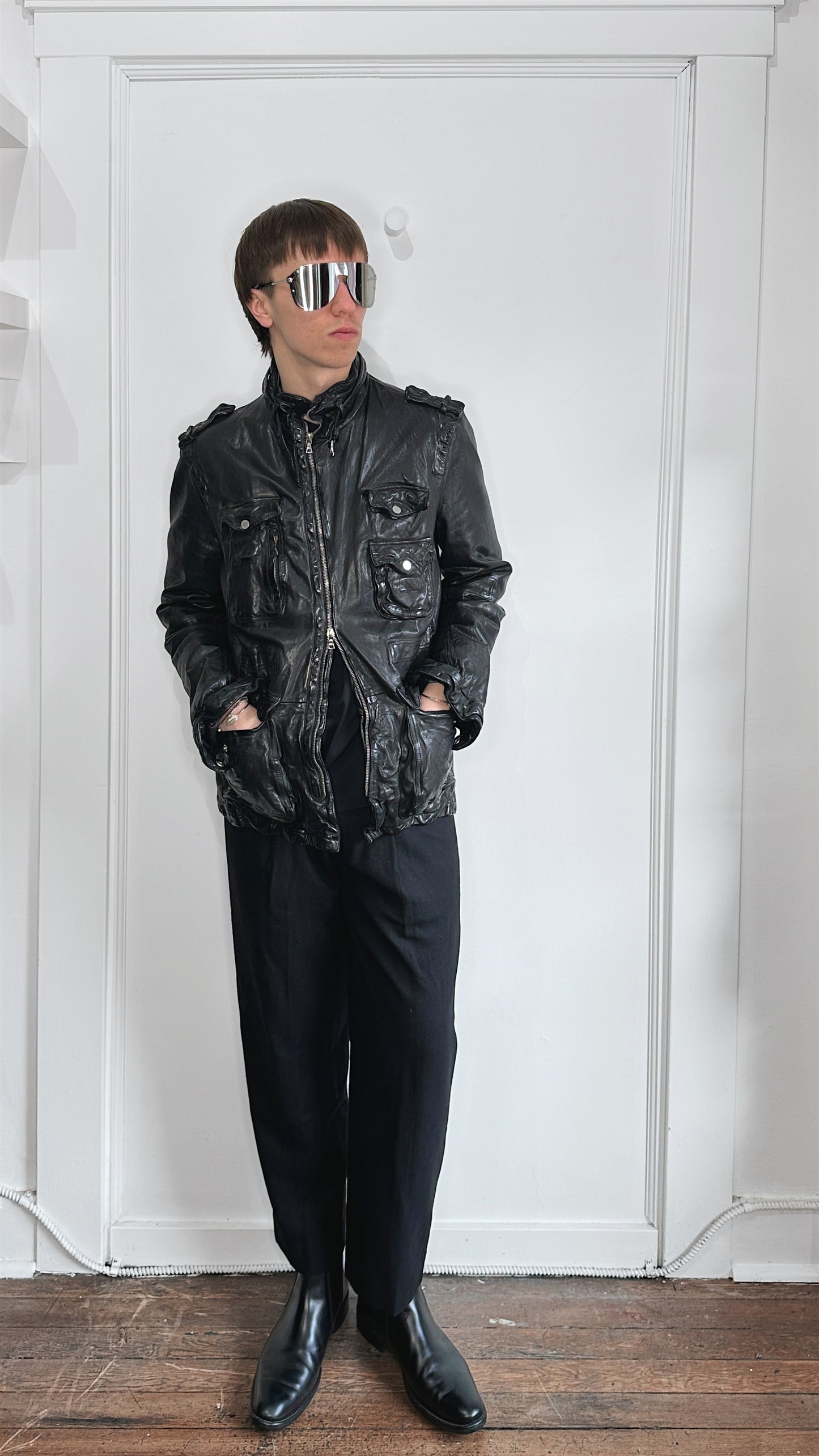 Neil Barrett Black Buffalo Leather Down Filled Jacket Large