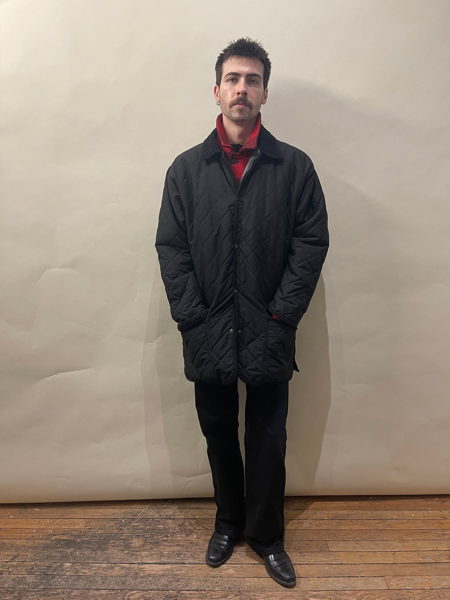 Burberrys' Black Wool Lined Quilted Long Jacket Large - L