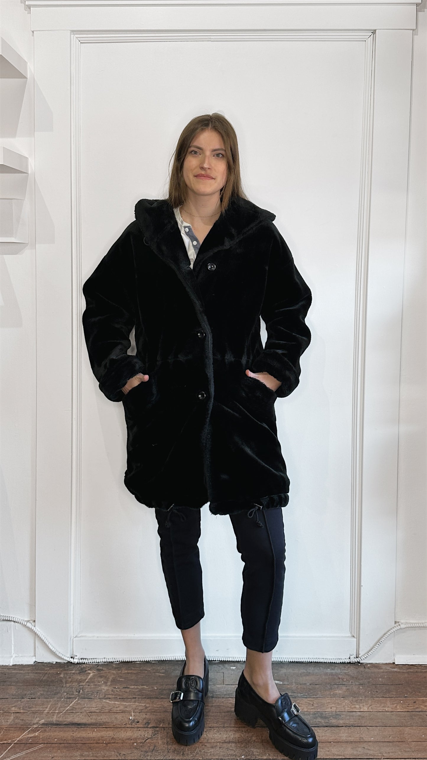 Unbranded Black Acrylic Fur Hooded Overcoat Medium