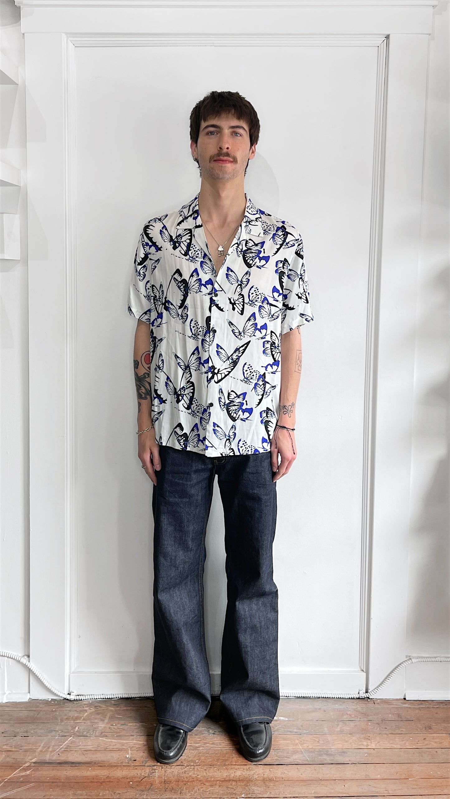 Ksubi White & Blue Butterfly Pattern Viscose Camp Shirt Medium