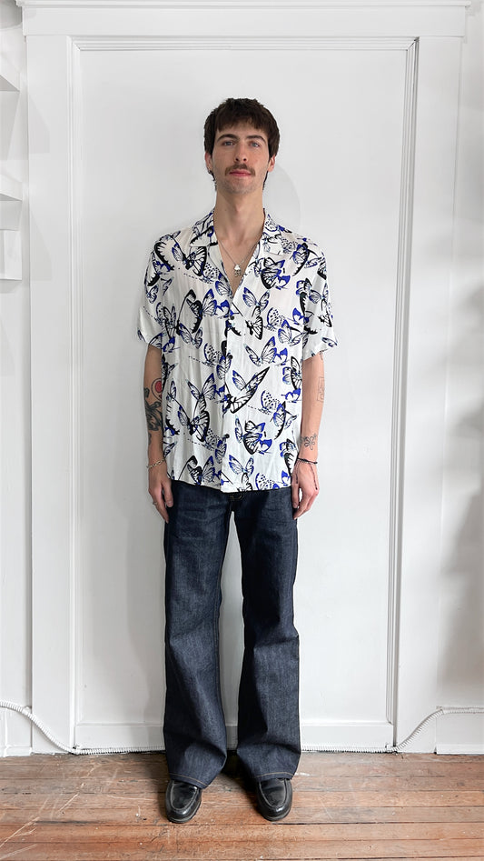 Ksubi White & Blue Butterfly Pattern Viscose Camp Shirt Medium