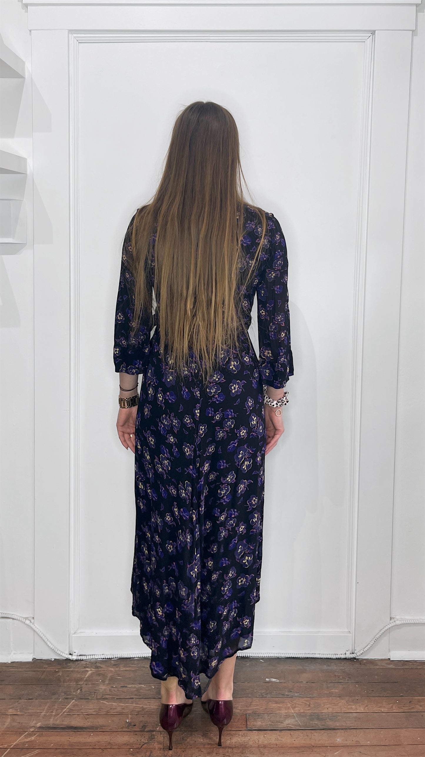 Ganni Black & Purple Floral Pattern Mesh Tie Front Dress 36