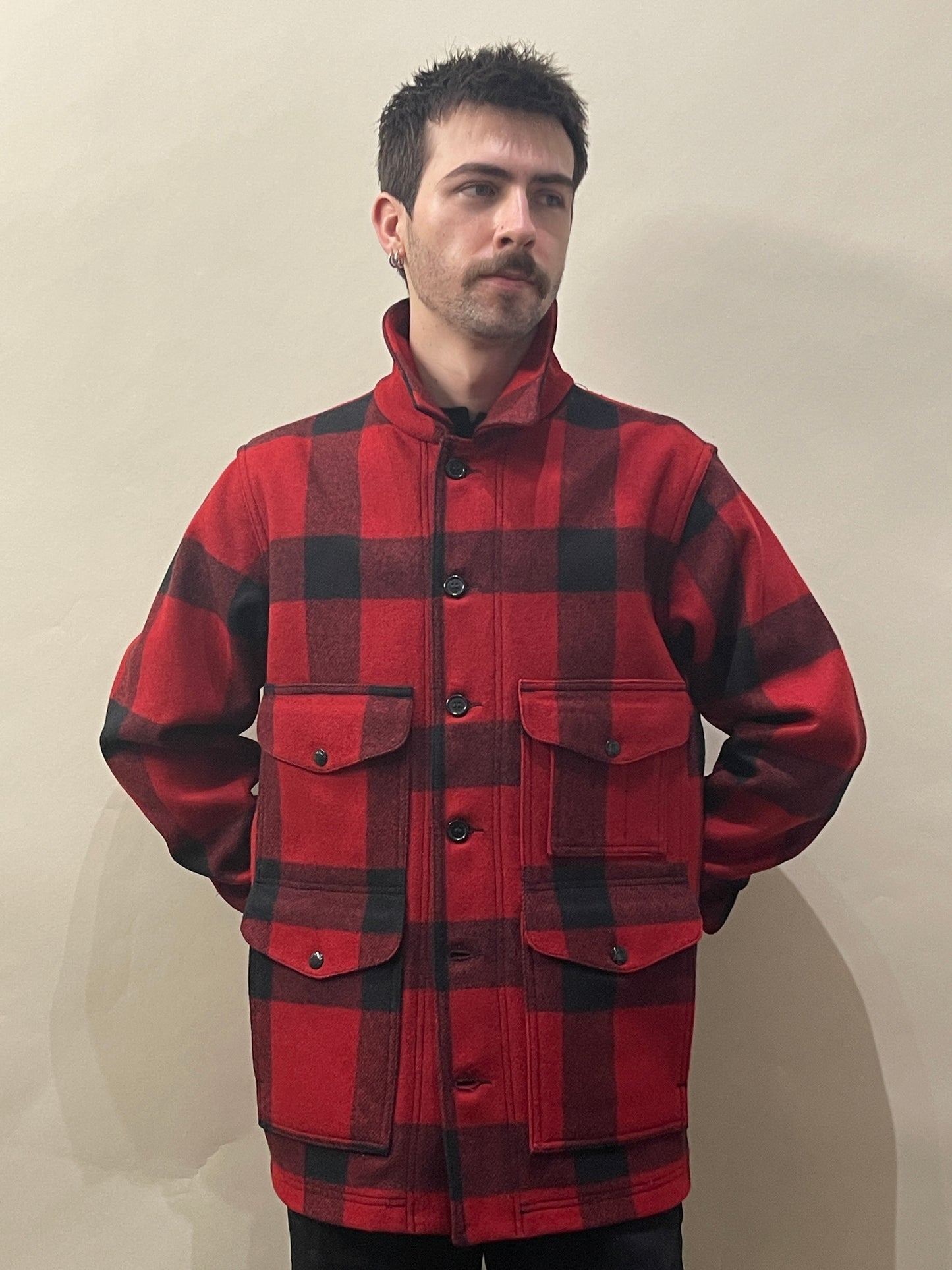Filson Red & Black Buffalo Check Wool Mackinaw Cruiser Jacket Medium - M
