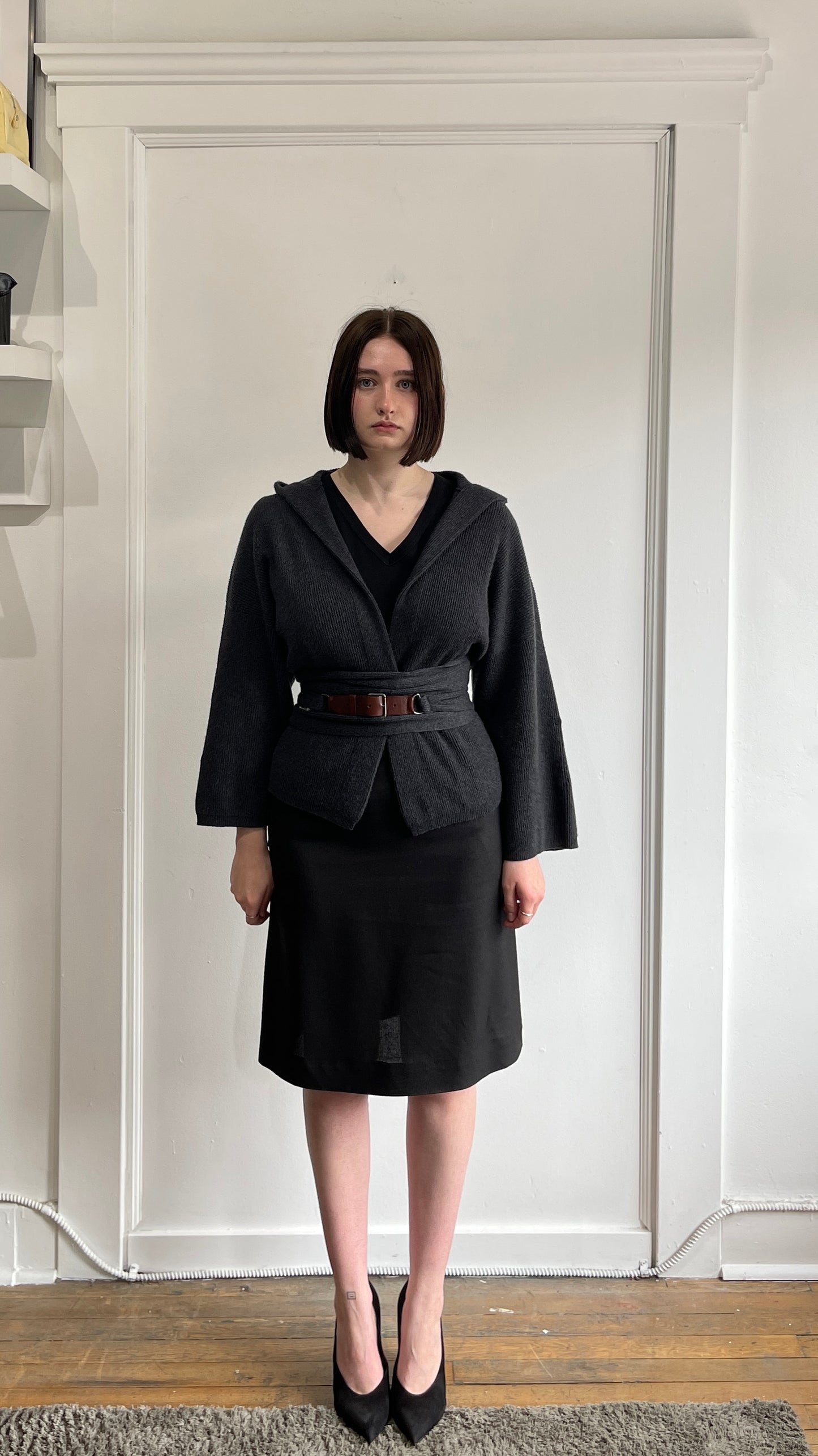 Brunello Cucinelli Dark Grey Belted & Hooded Cashmere Cardigan XXS