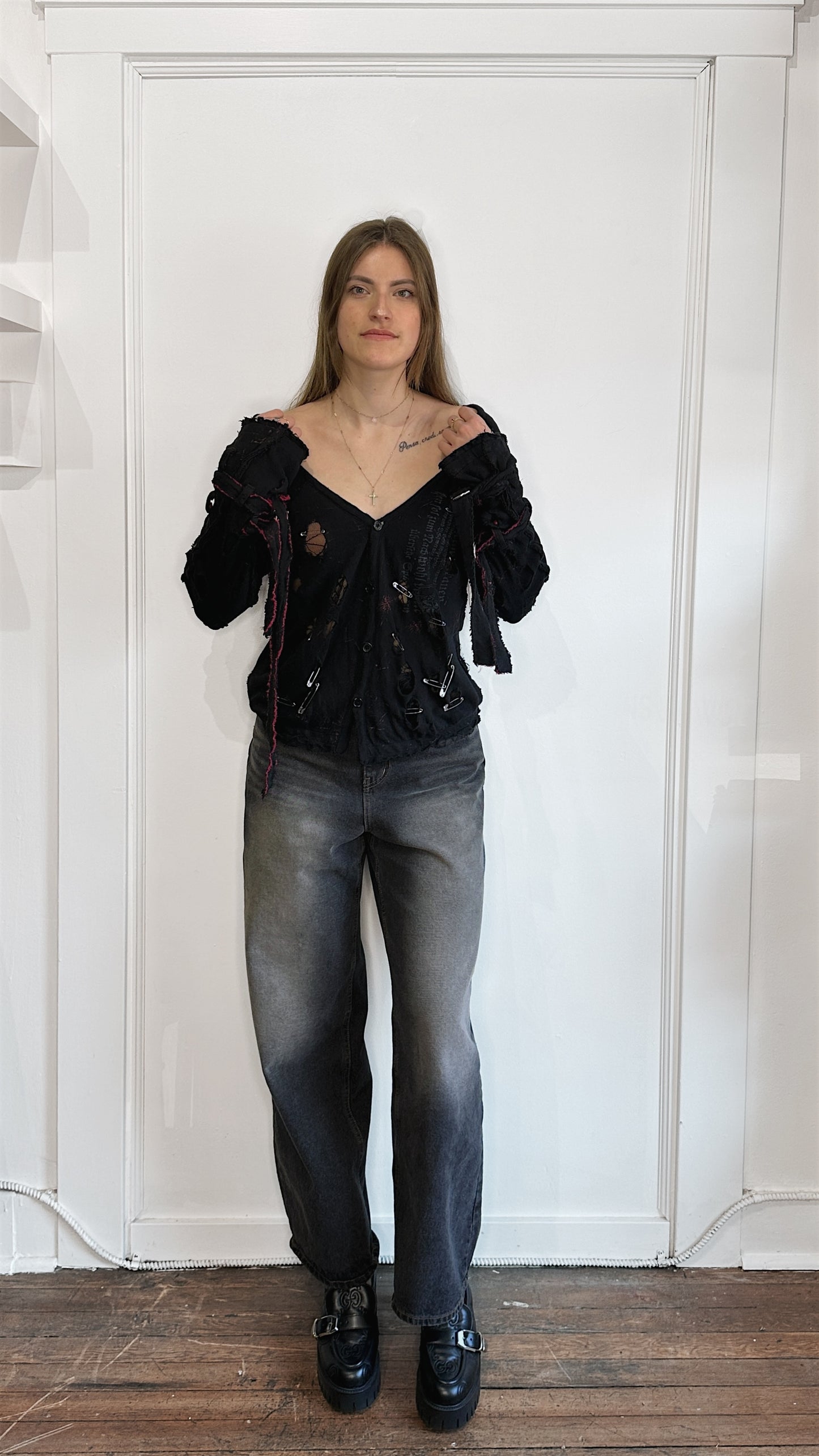 H Anarchy Black Cotton Knit Distressed Cardigan Medium