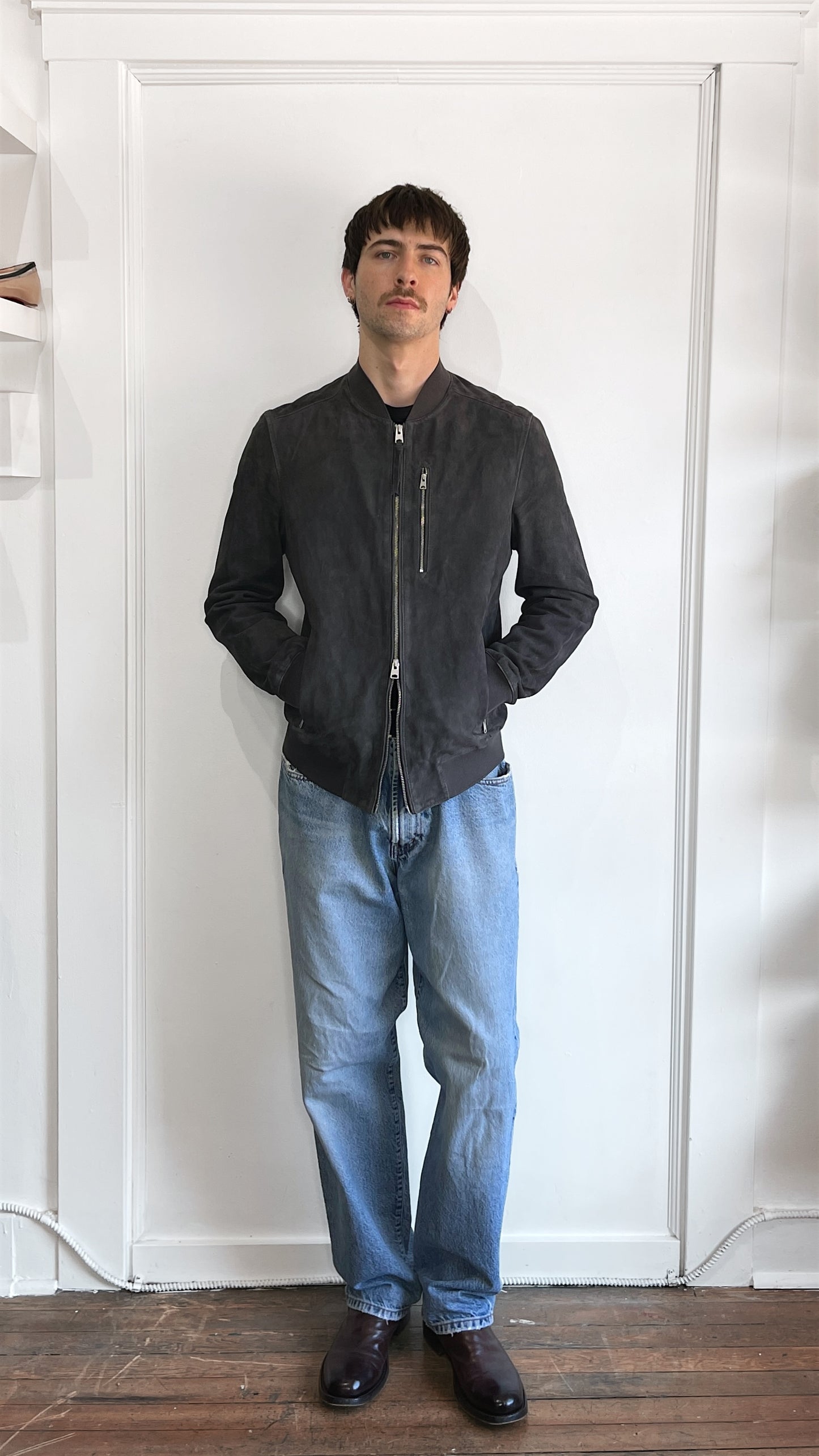 All Saints Grey Suede Kemble Bomber Jacket Large