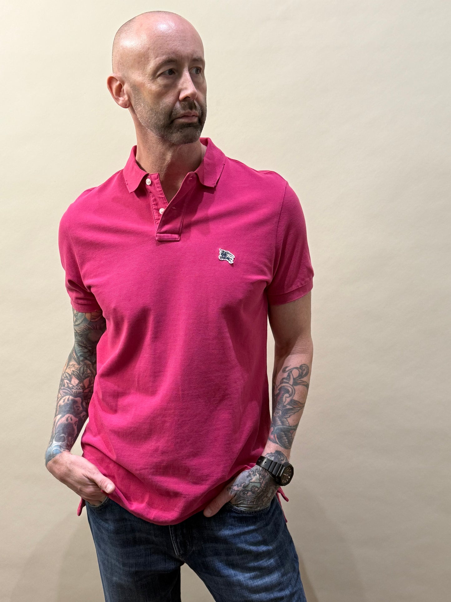 Burberry Brit Hot Pink EKD Patch Distressed SS Polo Large - L