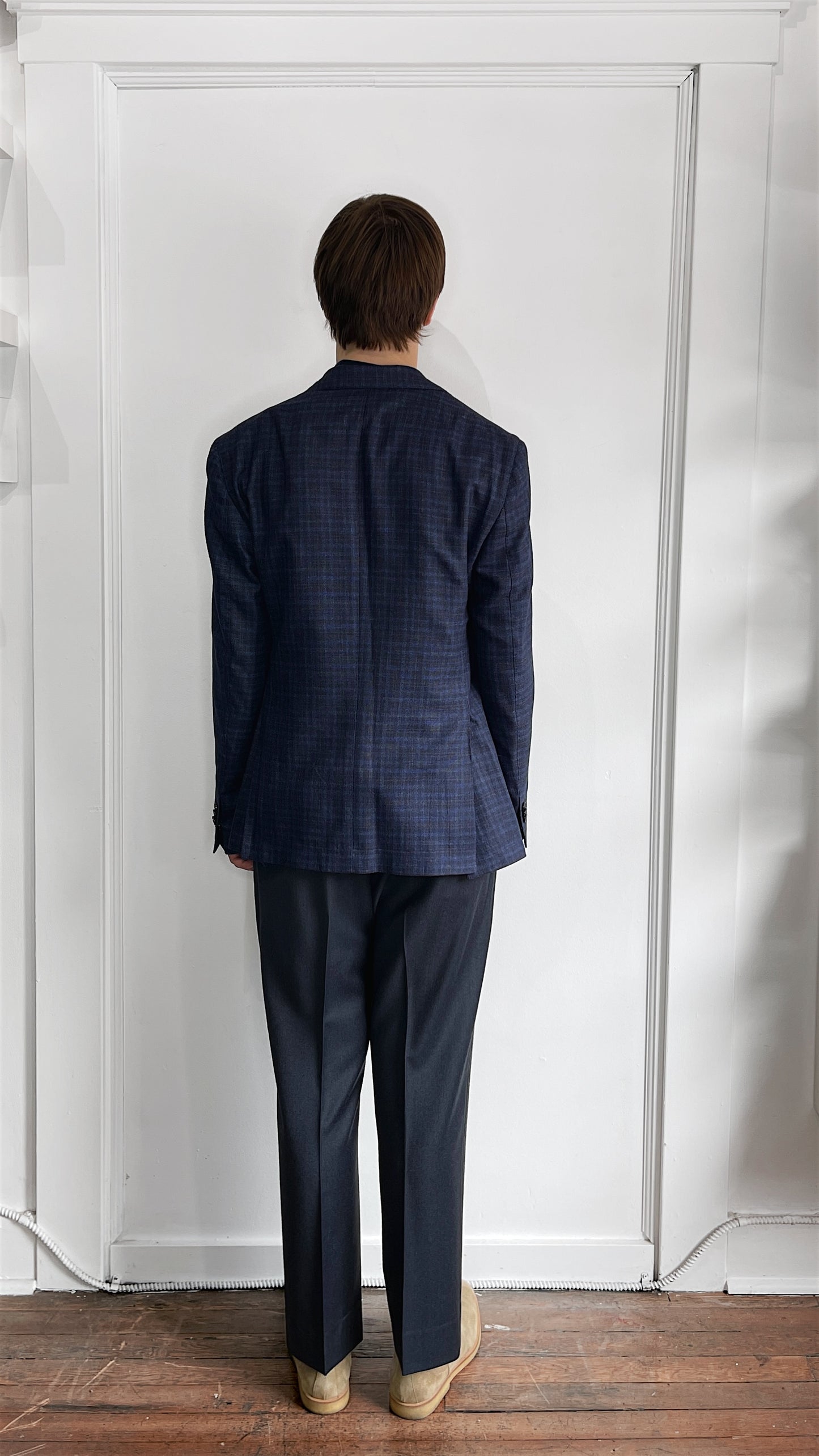 L.B.M. 1911 Navy Blue & Brown Plaid Silk Wool Unlined Sport Coat 40R