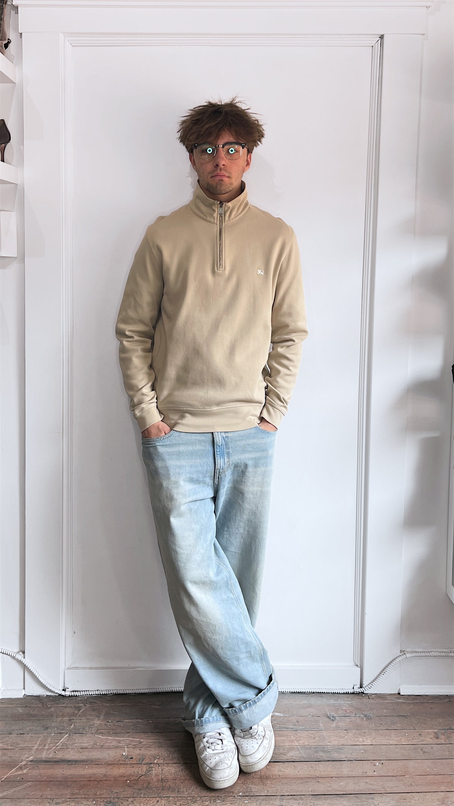 Burberry Beige Cotton 1/4 Zip Lightweight Sweater Large