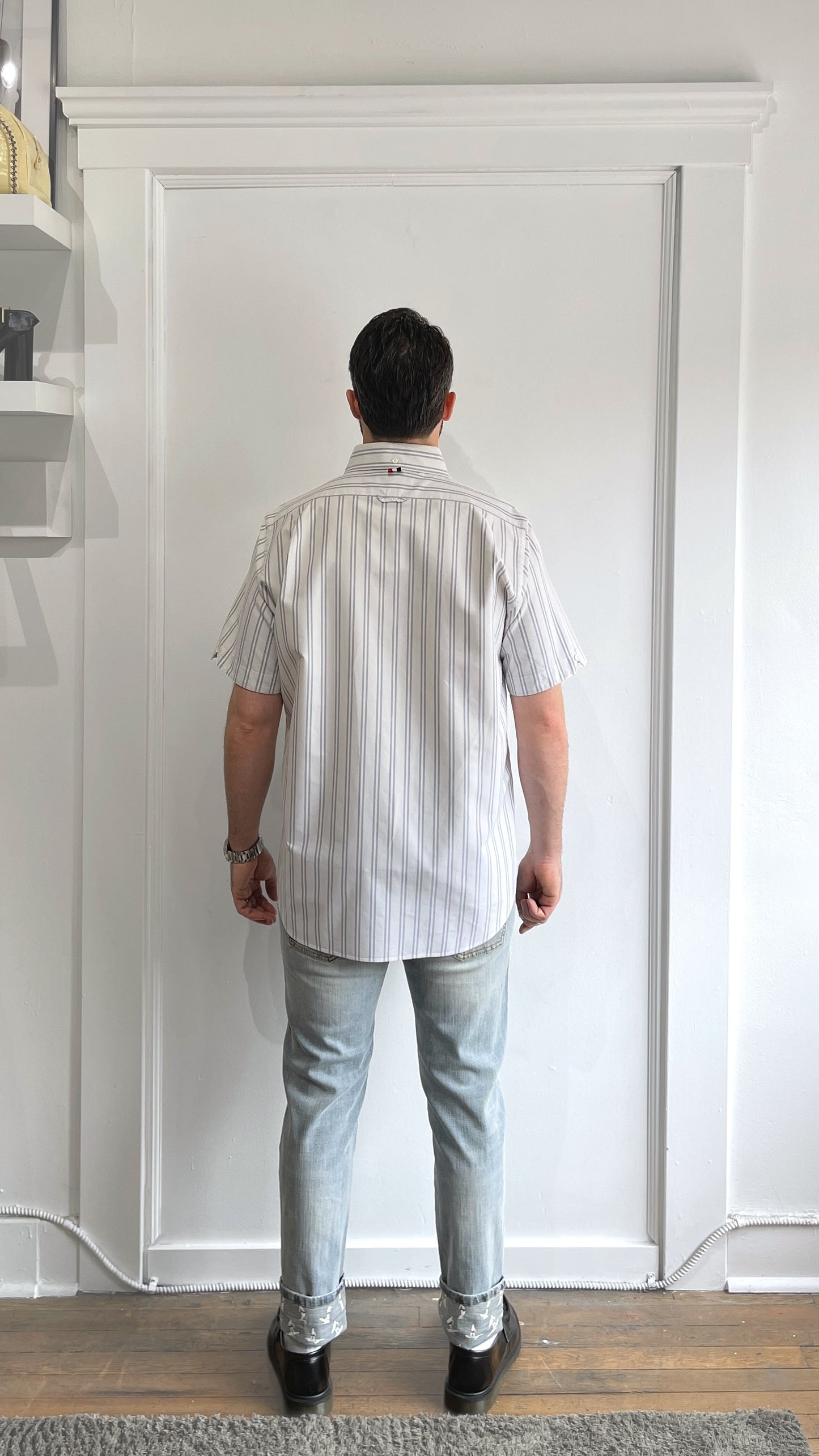 Thom Browne White & Faded Black Striped SS Button Up Shirt Extra Large - XL