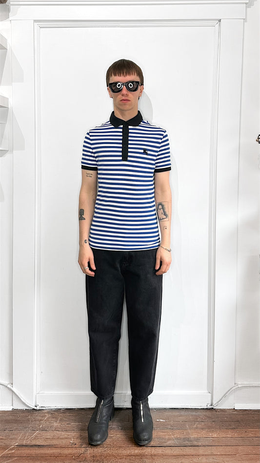 Burberry Brit Blue, White, & Black Striped SS Polo Shirt Small