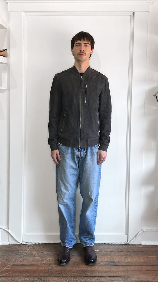 All Saints Grey Suede Kemble Bomber Jacket Large