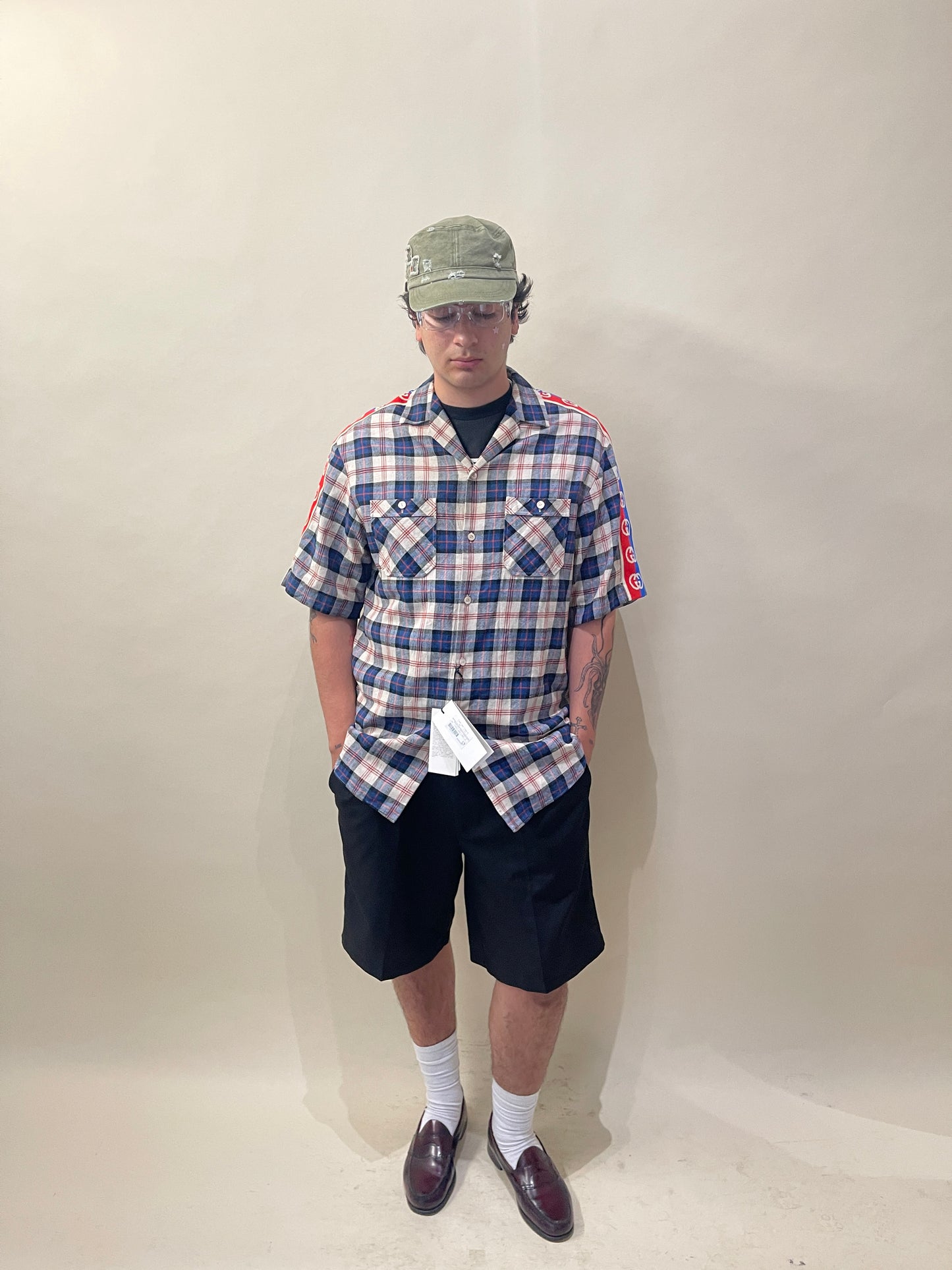 Gucci Blue, Red, & Cream Plaid SS Striped Shoulder Flannel 48
