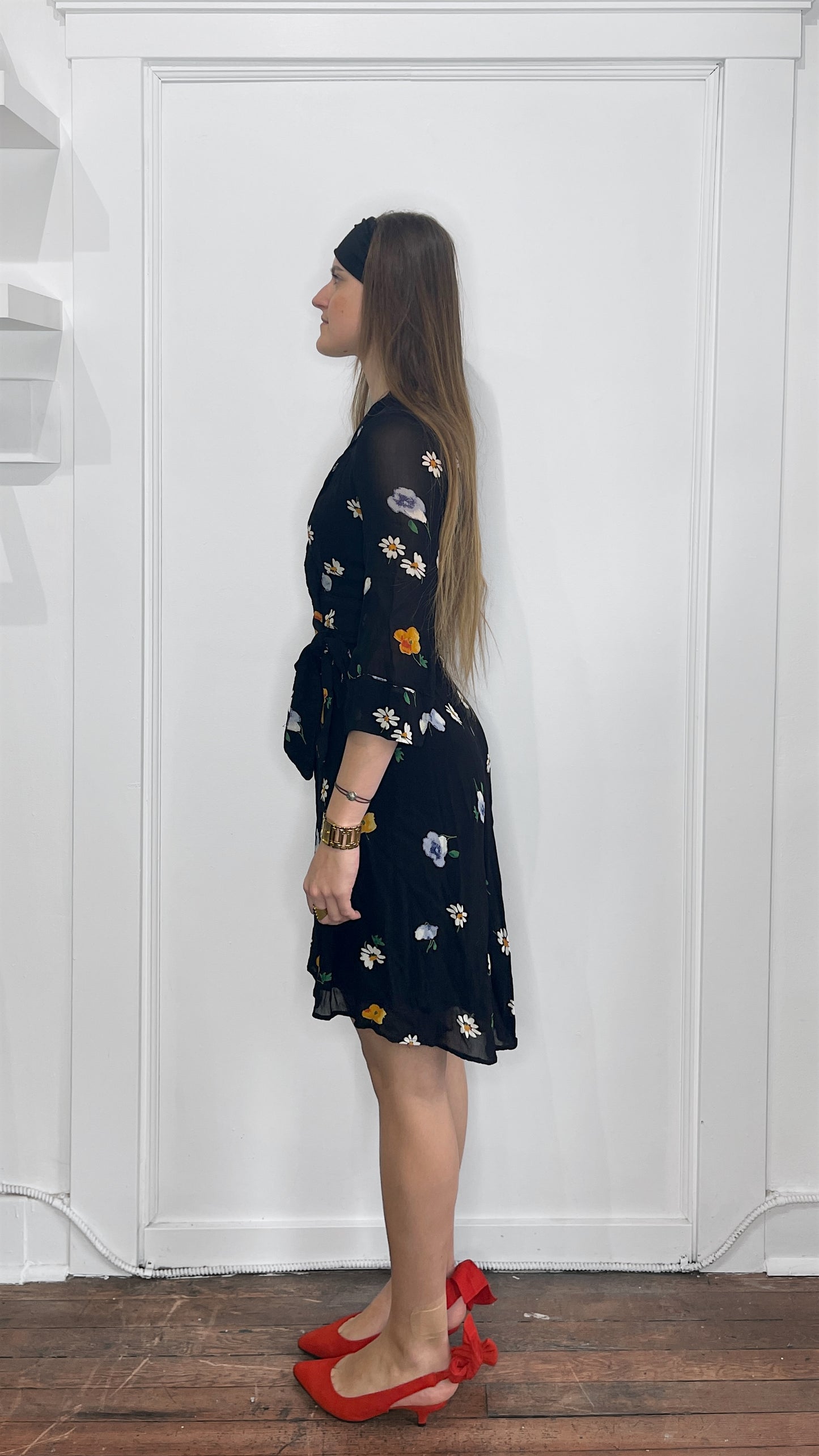 Ganni Black & Multicolour Floral Pattern Midi Tie Front Dress 36