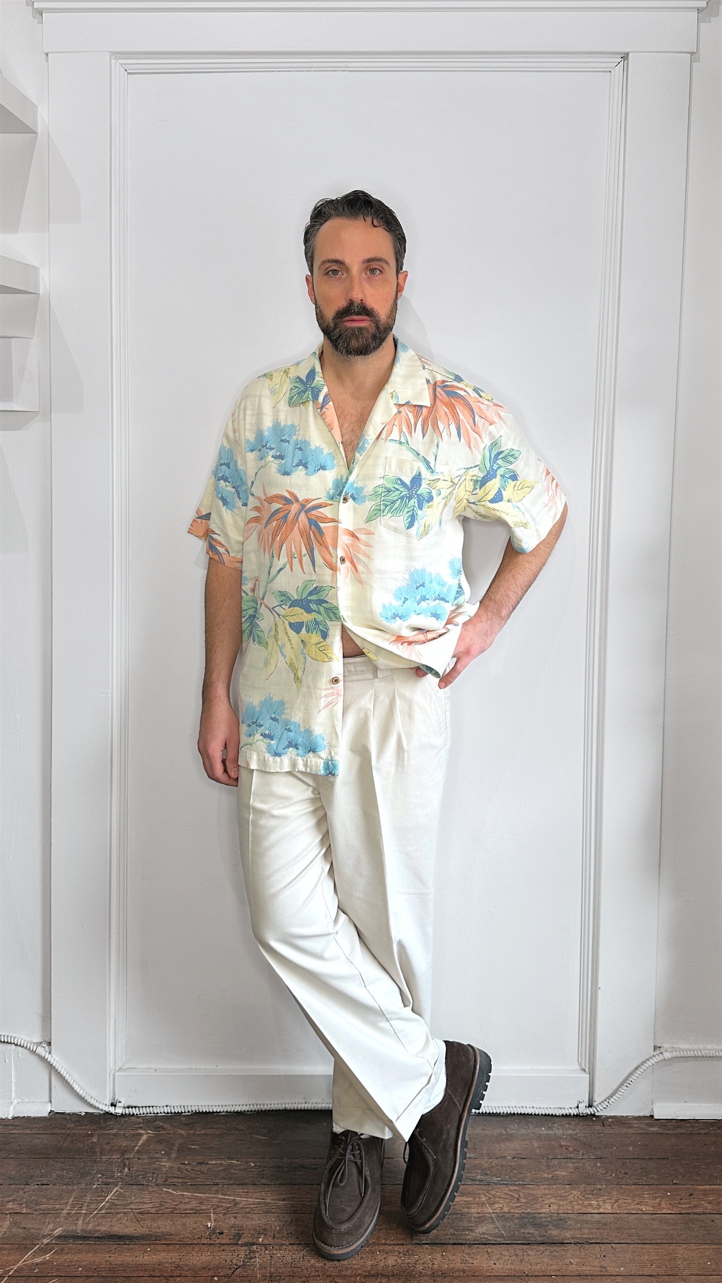 Tommy Bahama Cream & Multicolour Floral Silk Camp Shirt Large