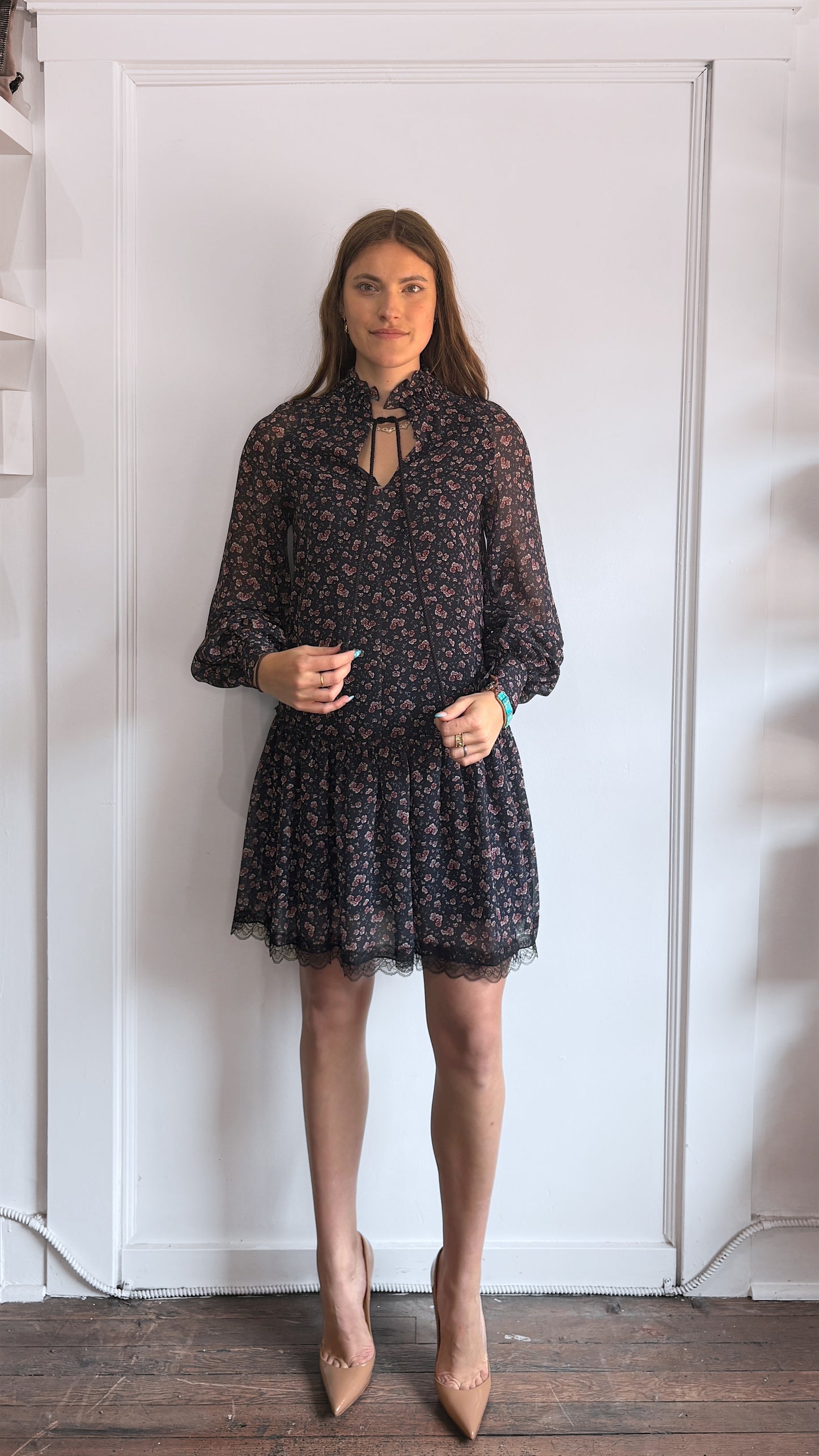 See By Chloé Navy & Pink Floral Printed Chiffon Dress 36