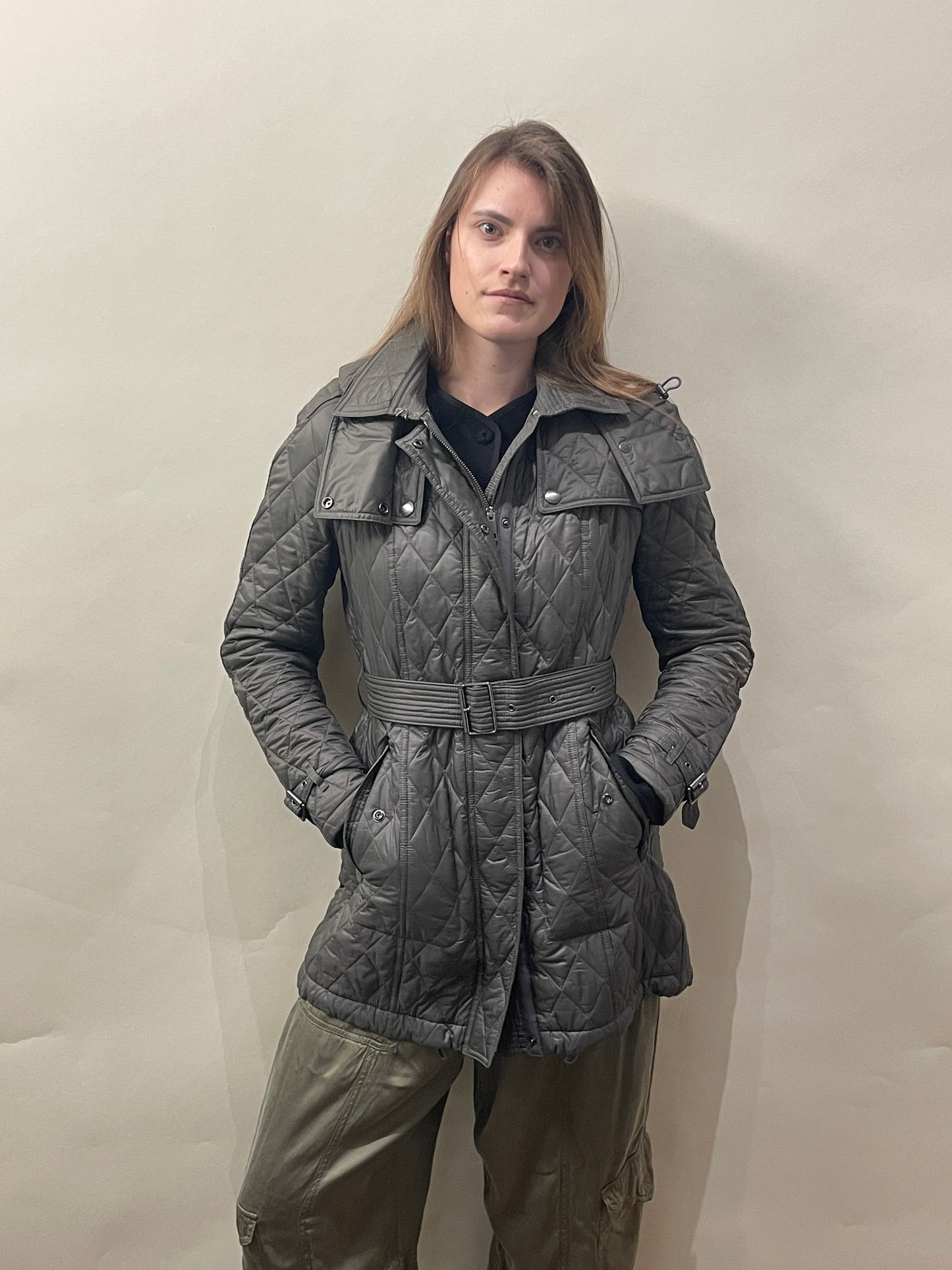 Burberry Sage Green Quilted Nylon Belted Jacket Medium - M