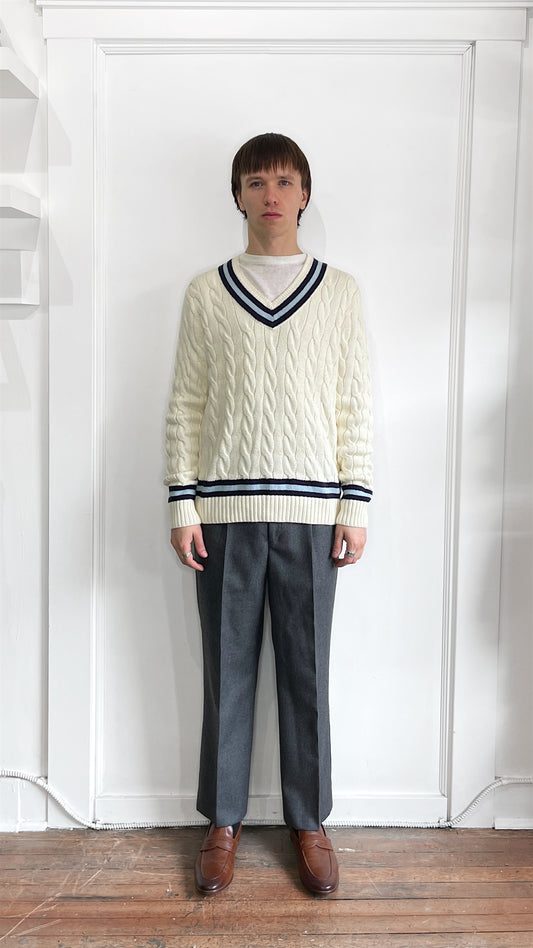 Polo Ralph Lauren Cream & Blue Cotton V-Neck Cricket Sweater Small