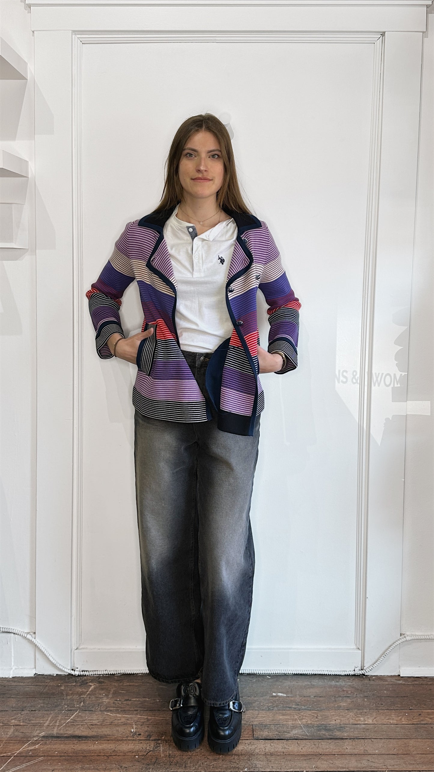 Marc By Marc Jacobs Purple & Red Striped Cotton Knit Peacoat Sweater Small