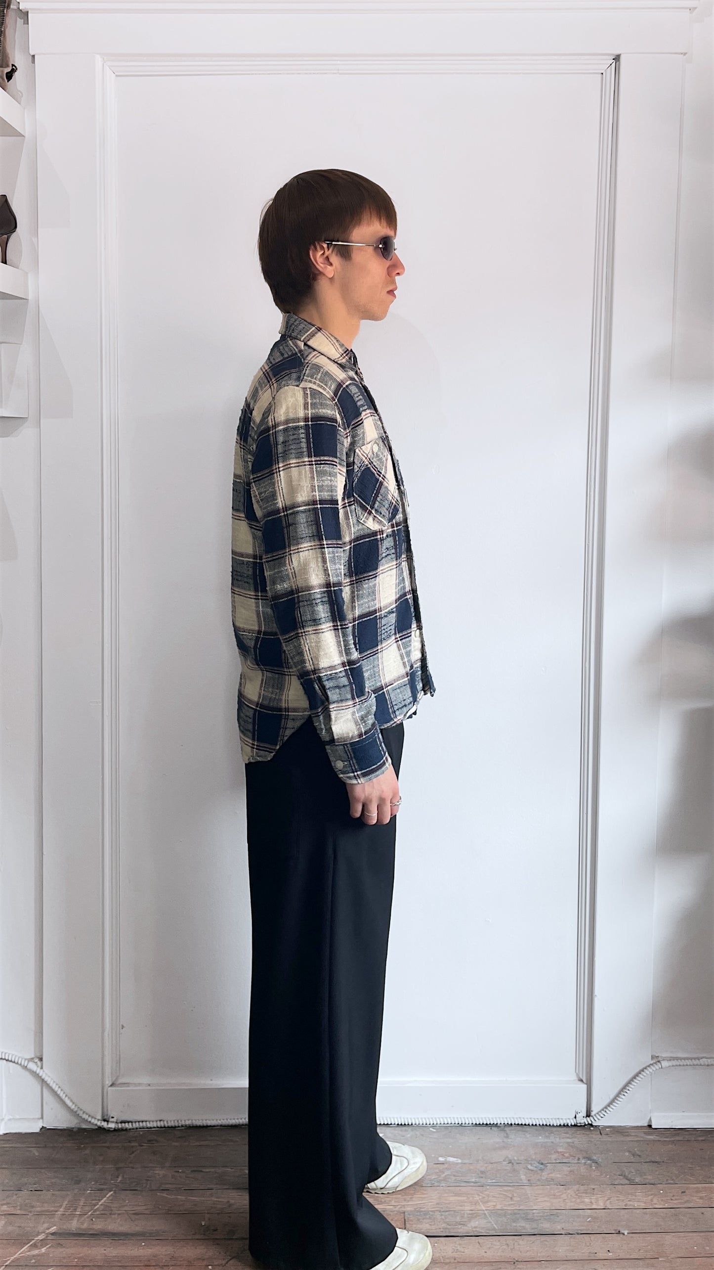 Rogue Territory Navy, White, & Red Plaid Flannel LS Button Up Medium