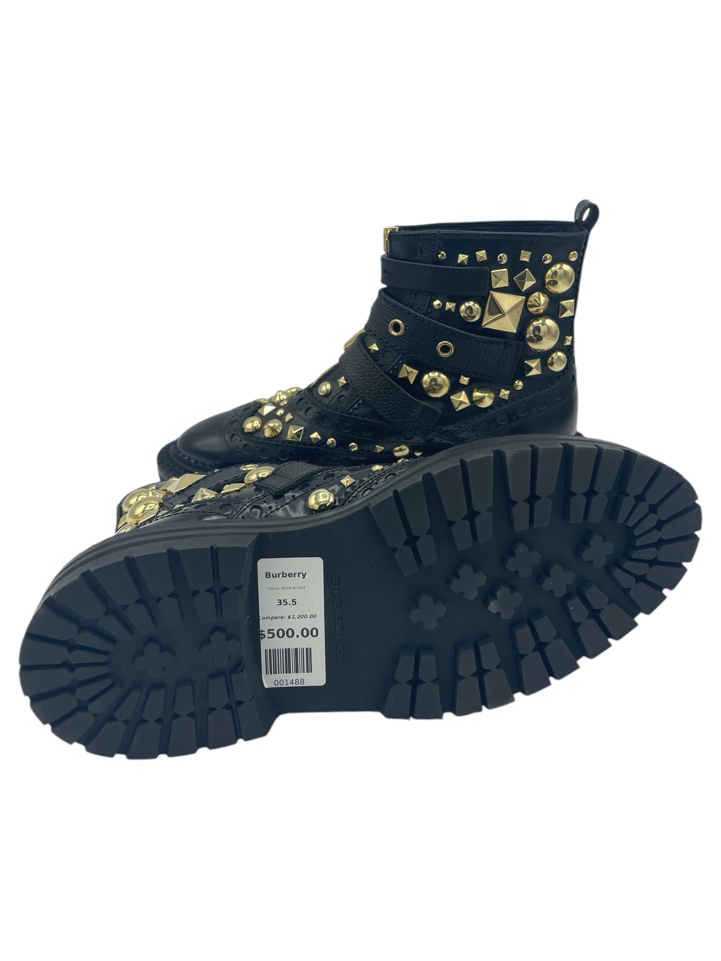 Burberry Black Leather Brogue & Studded Zip Up Boots 35.5