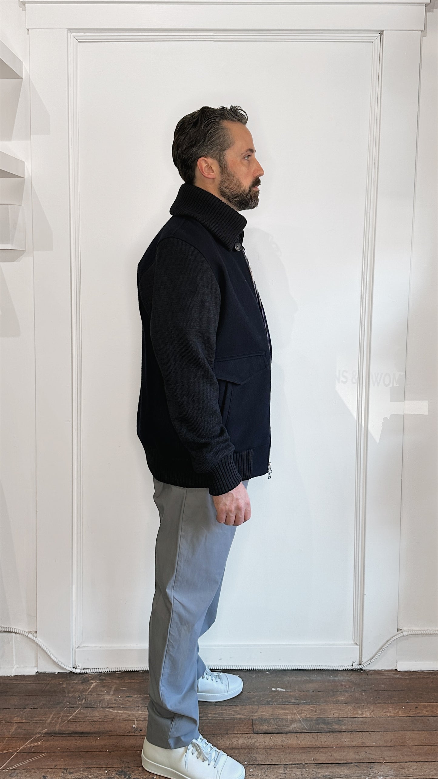Wings + Horns Multi Navy Wool Knit Sleeve Bomber Jacket Extra Large
