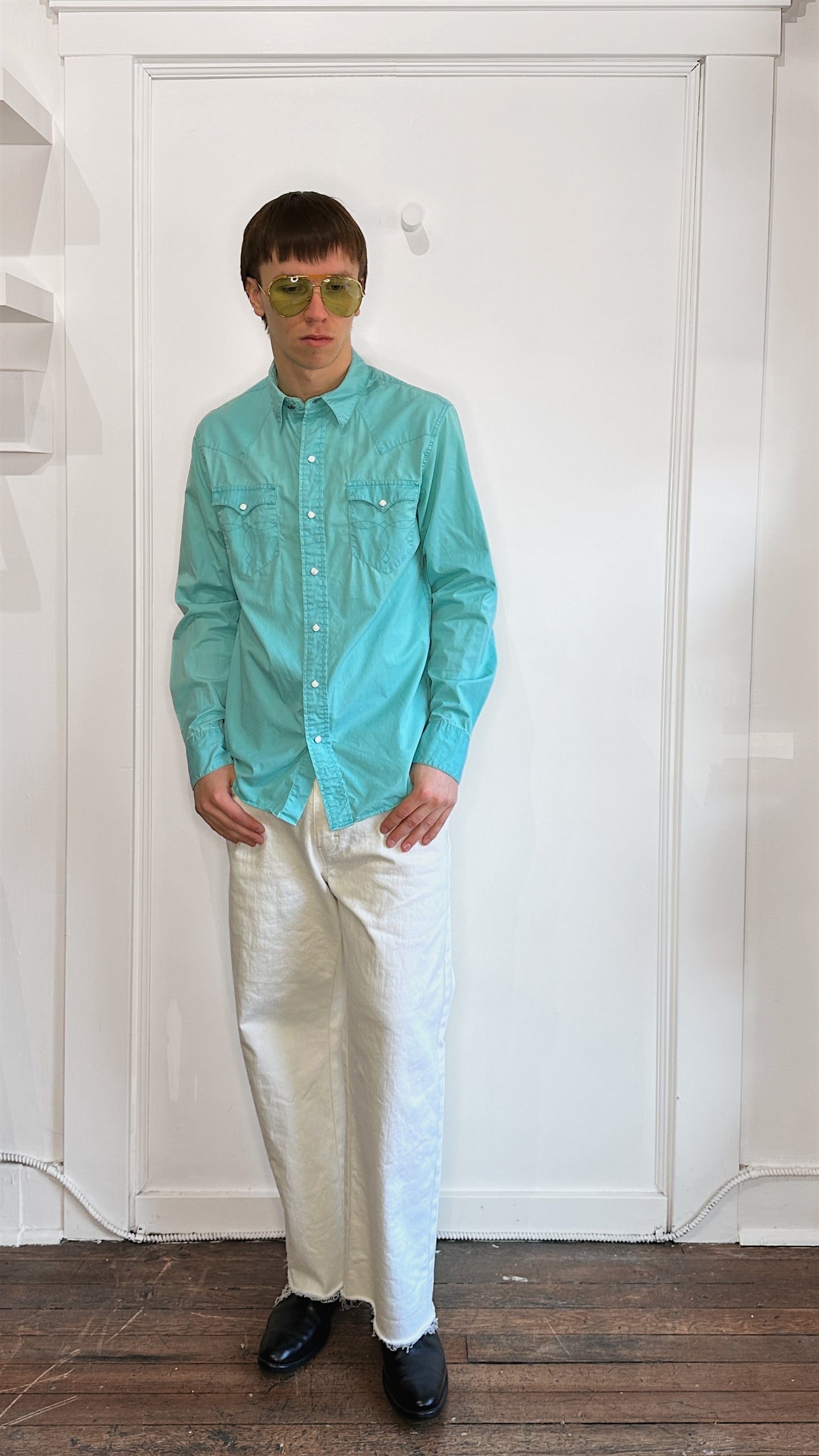 RRL Teal Cotton Pearl Snap Western Shirt Medium