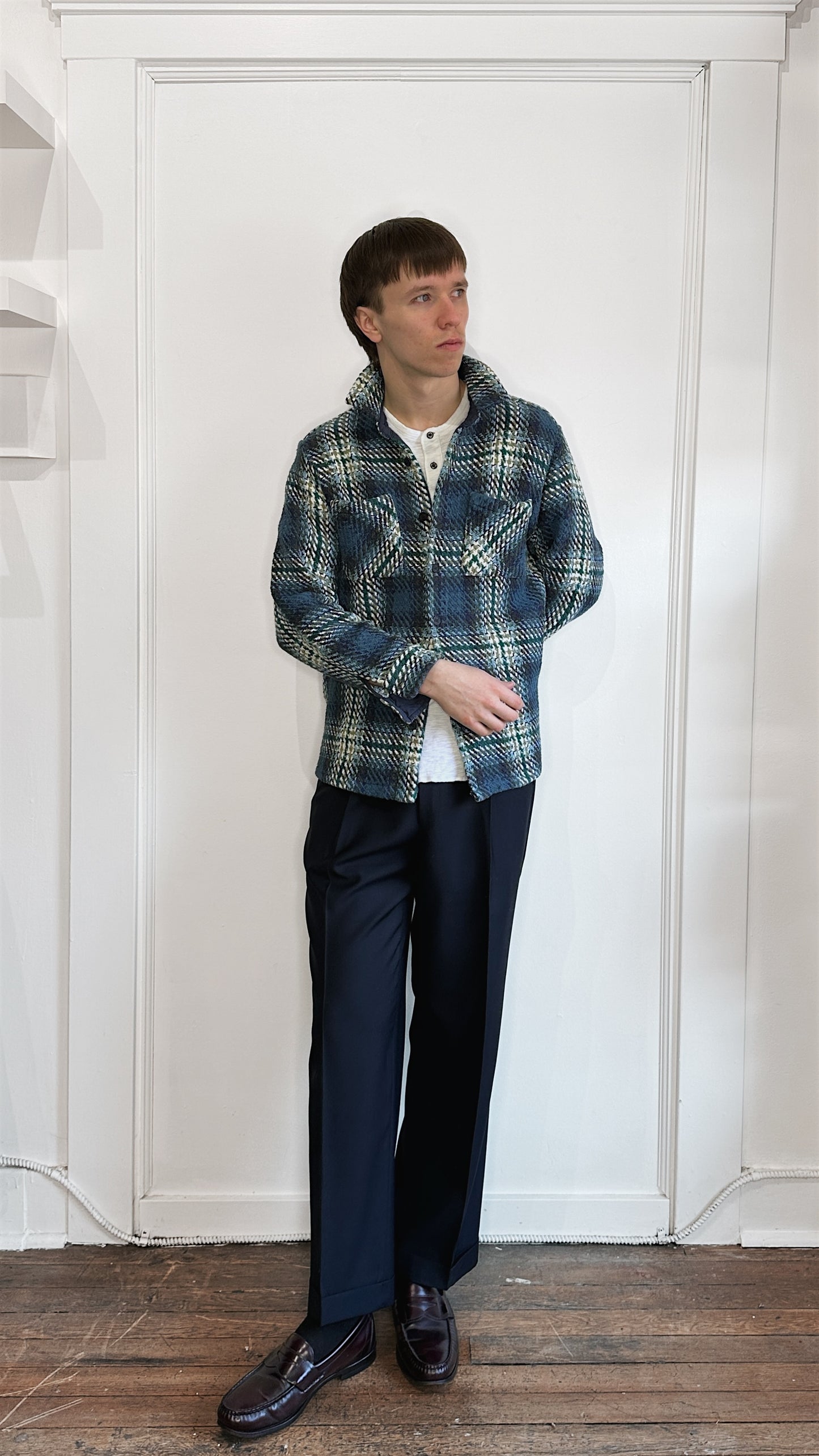 Wax London Blue, Green, & White Woven Cotton Overshirt Large