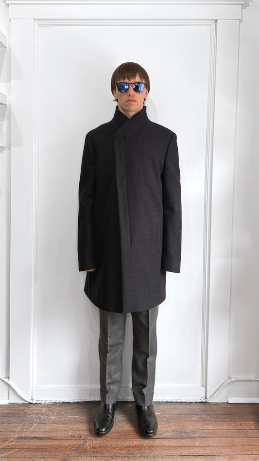All Saints Charcoal Grey Wool Blend Mid Length Overcoat 42