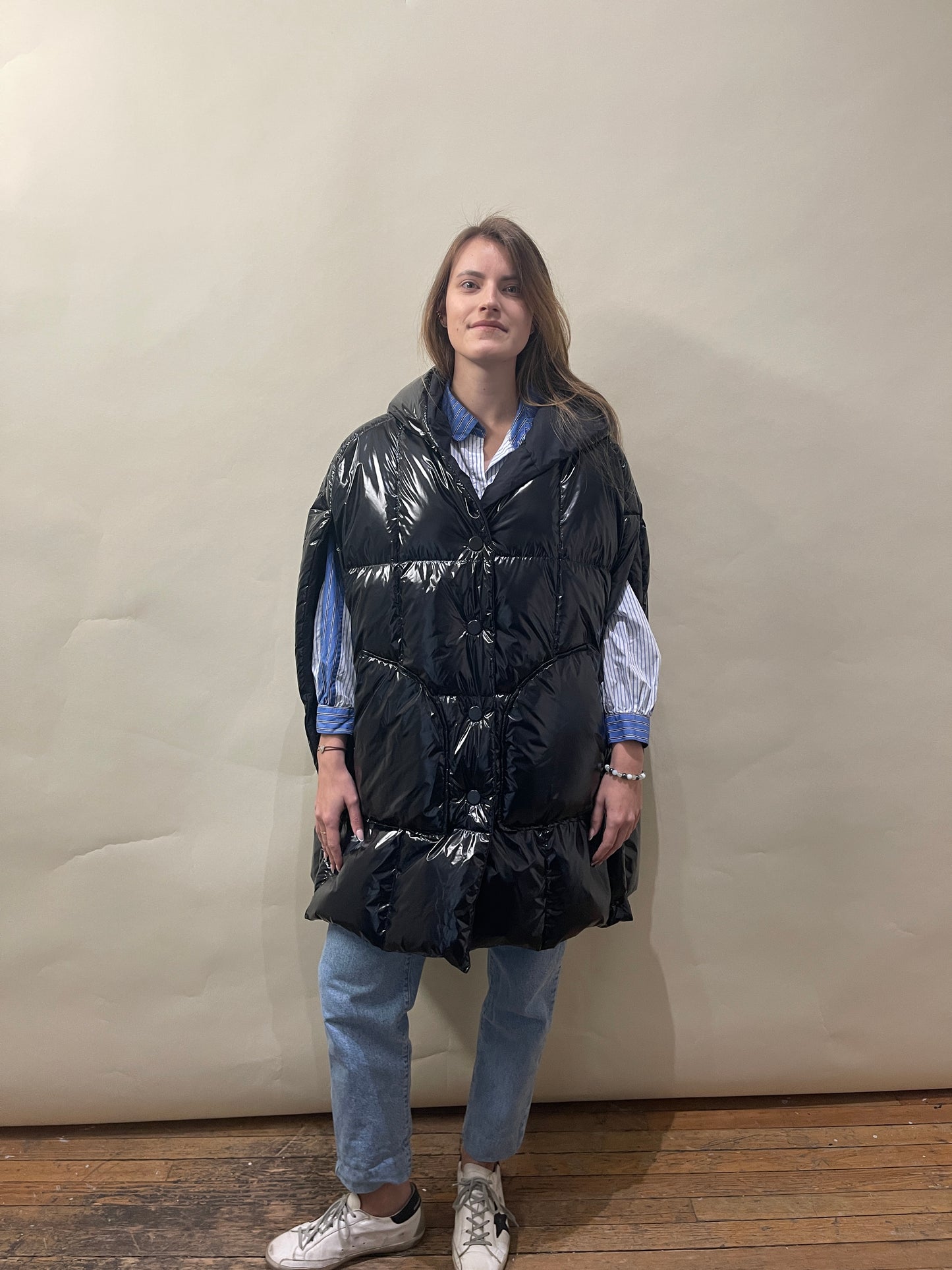 Annette Görtz Black Shiny Hooded Puffer Poncho Medium - M