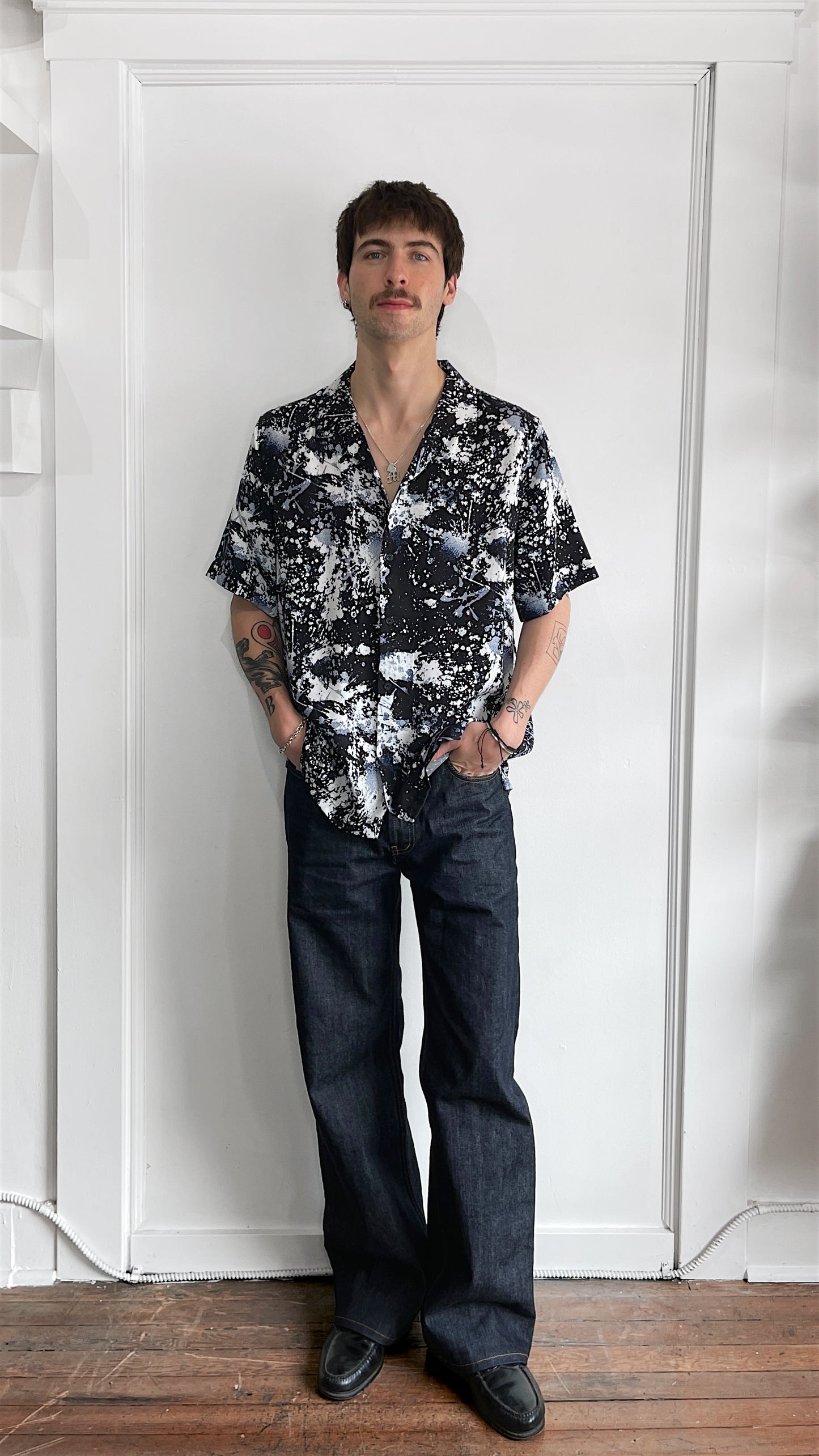 Ksubi Black, White, & Blue Paint Splatter Pattern Tencel Camp Shirt Large