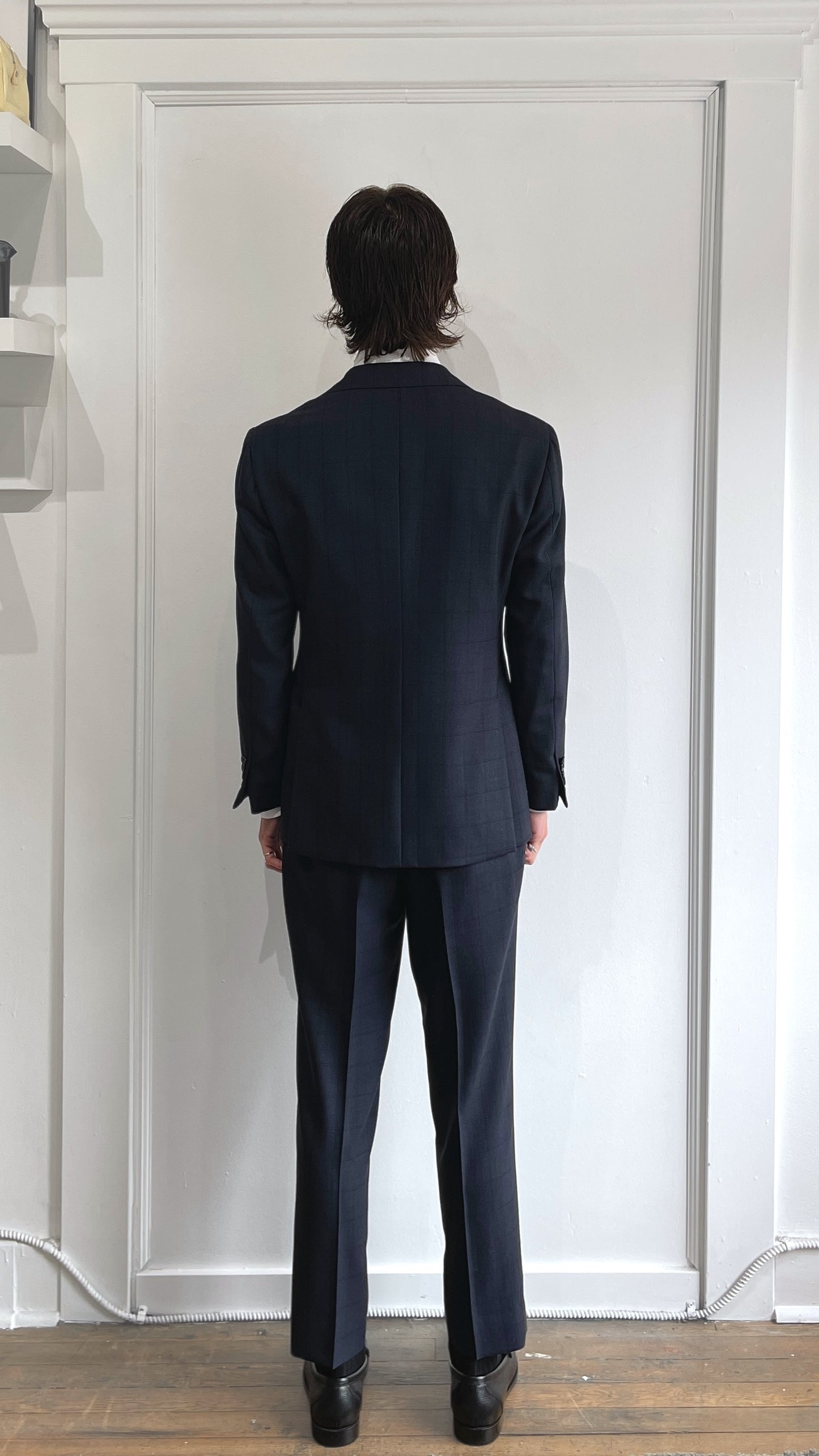 Ring Jacket Navy Blue Tonal Plaid Wool Suit 38