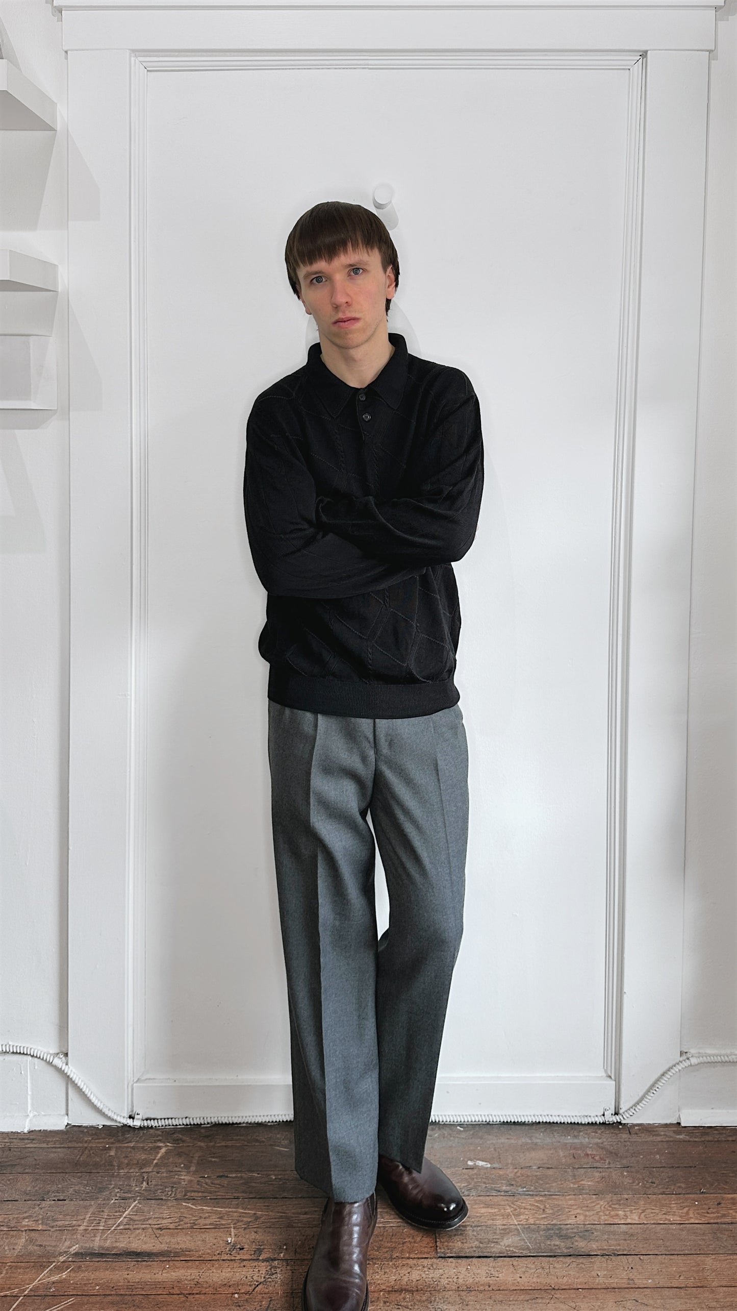 Tulliano Black Tonal Argyle Pattern Knit Polo Sweater Extra Large