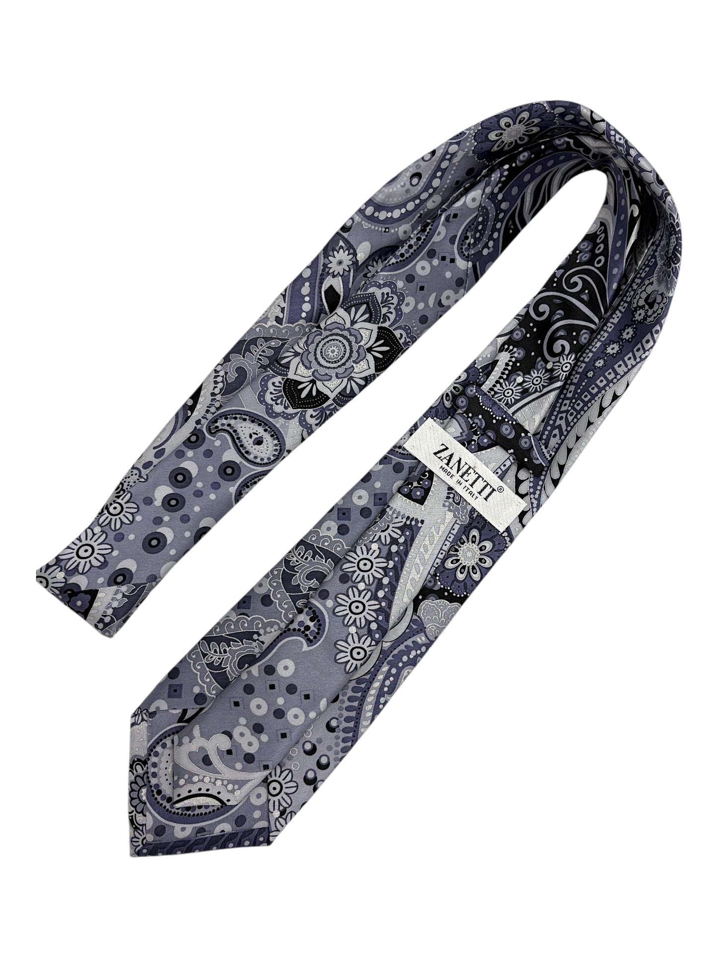 Zanetti Slate Blue Geometric Paisley Pattern Silk Necktie OS